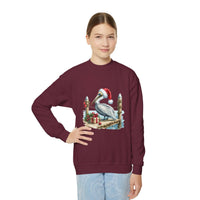 Youth crewneck sweatshirt with a pelican wearing a Santa hat embroidered on front in festive holiday design