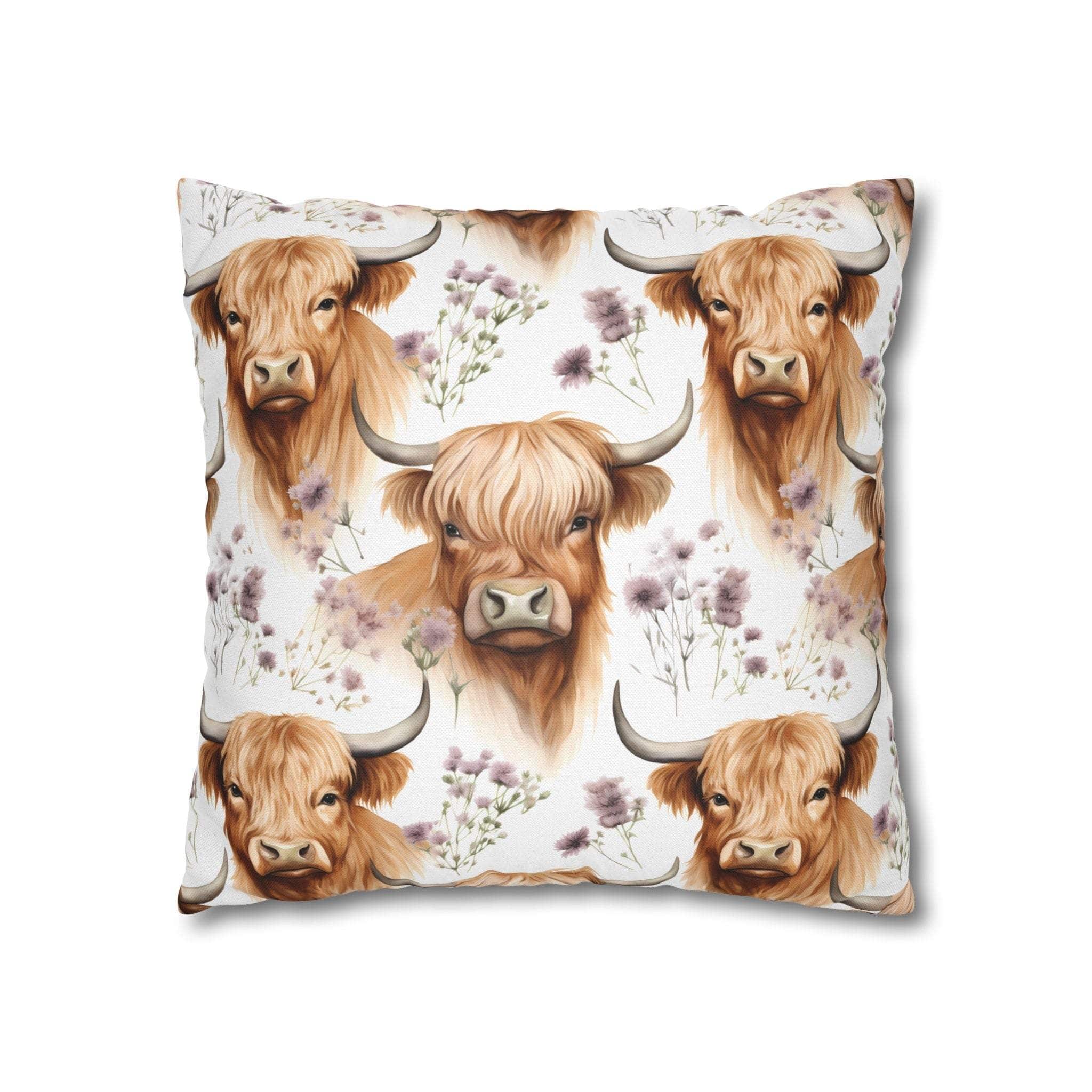 Floral Highland Cow pillowcase with long-haired cow and delicate blooms on double-sided print