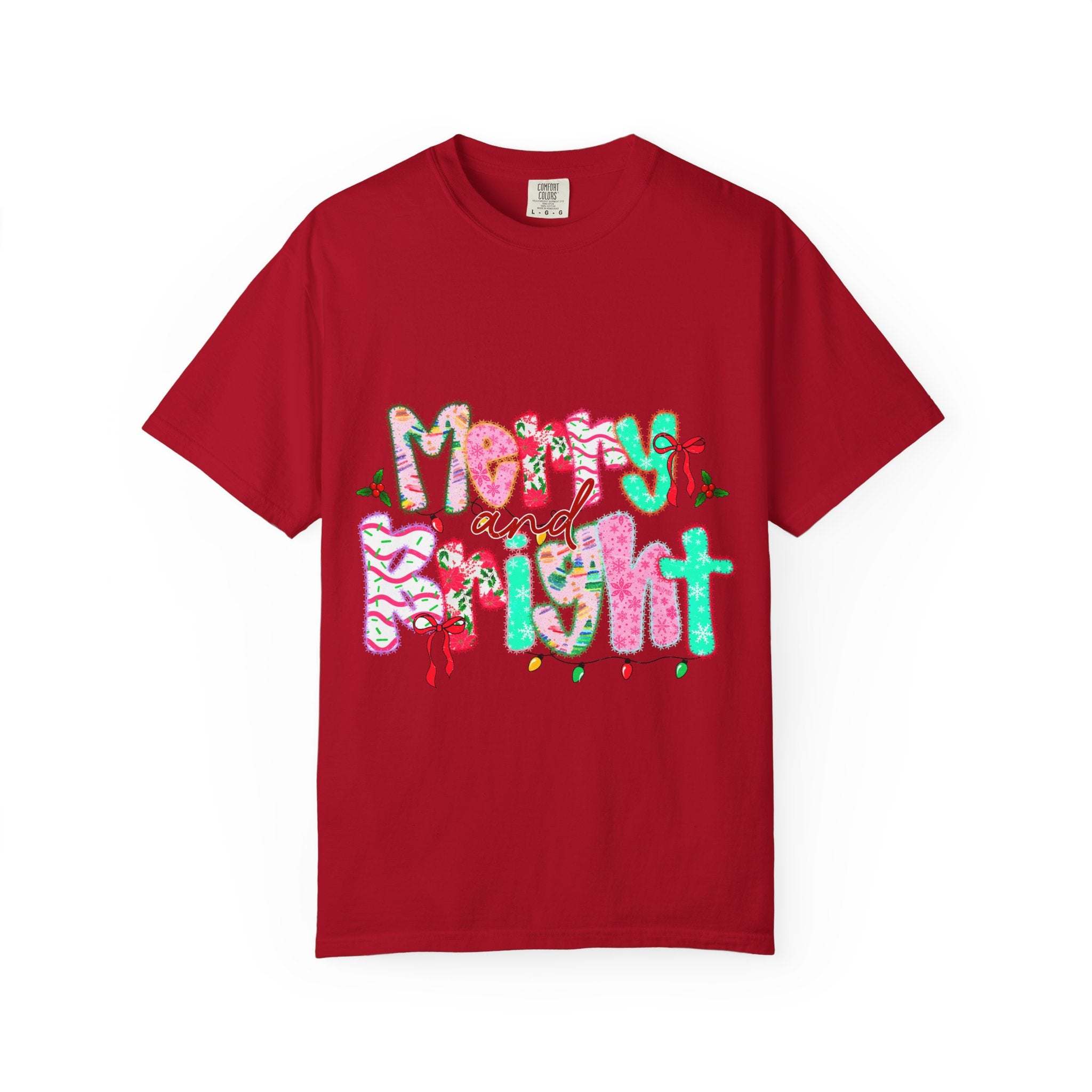 Red Merry and Bright T-shirt with festive holiday design on front, unisex cotton tee for Christmas season