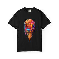 Colorful dripping ice cream cone graphic on neon melting ice cream t-shirt