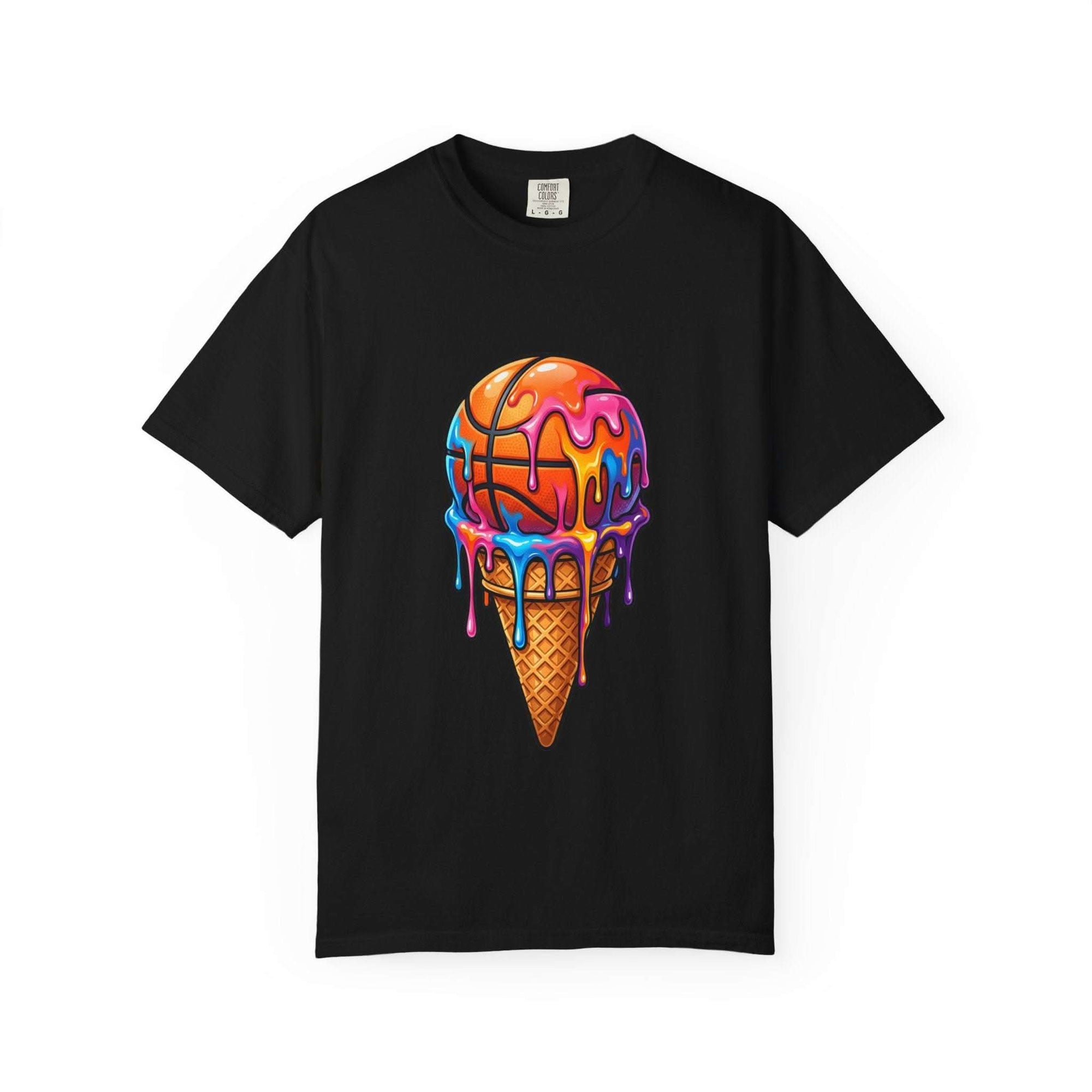 Colorful dripping ice cream cone graphic on neon melting ice cream t-shirt