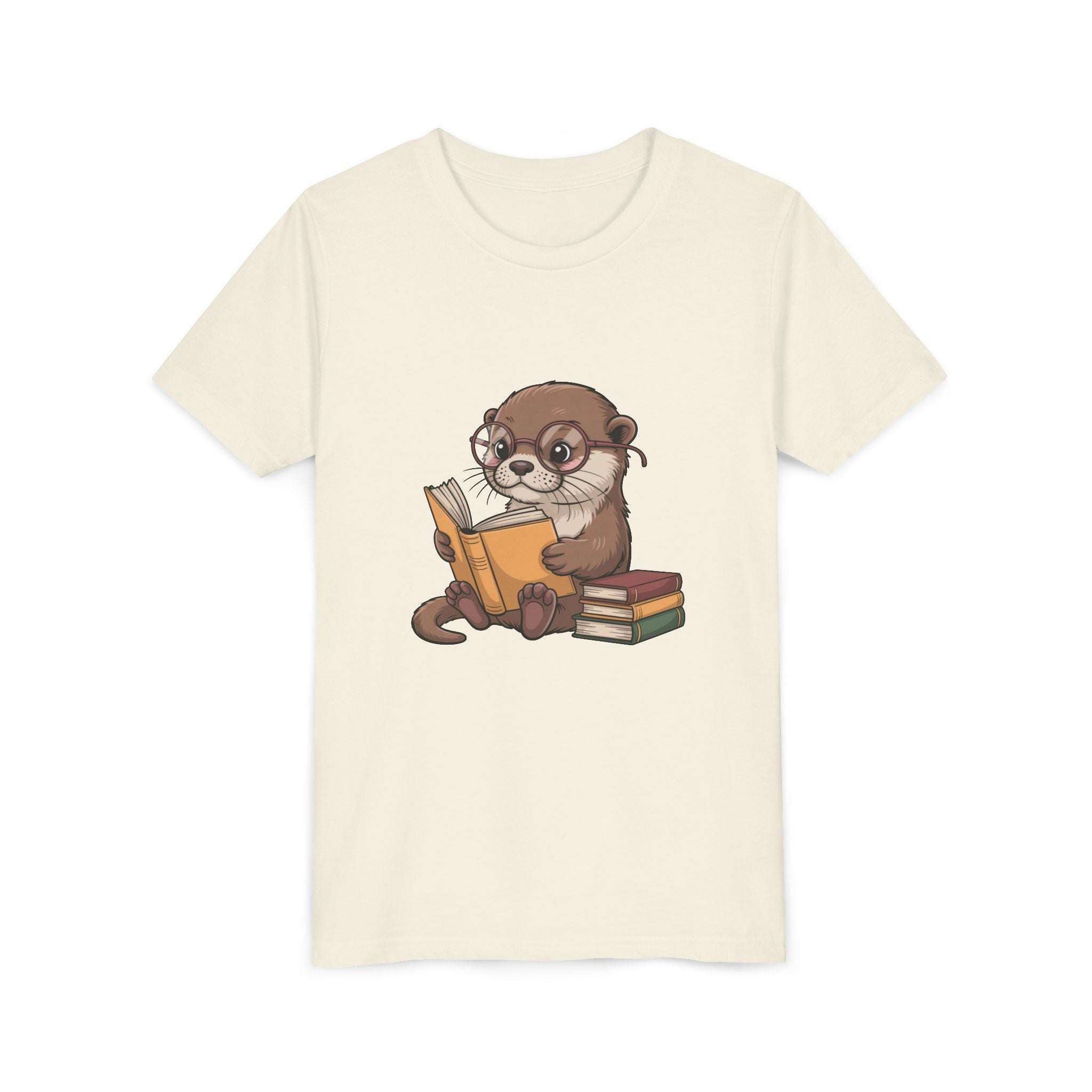 Beige t-shirt with an otter reading a book graphic on a white background