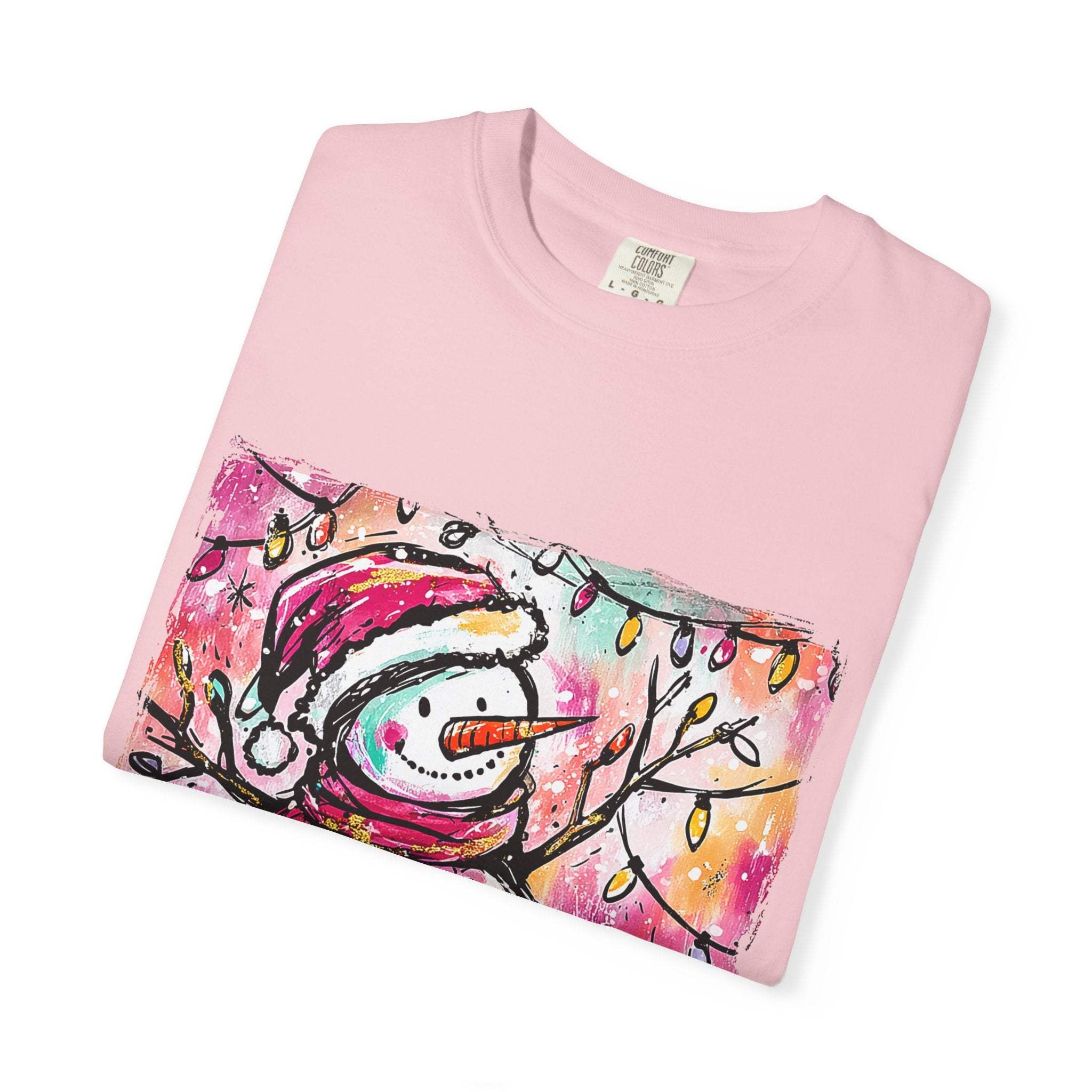 White unisex t-shirt featuring colorful disco ball snowman design, perfect for Christmas and dance parties by Printify
