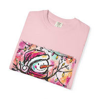White unisex t-shirt featuring colorful disco ball snowman design, perfect for Christmas and dance parties by Printify