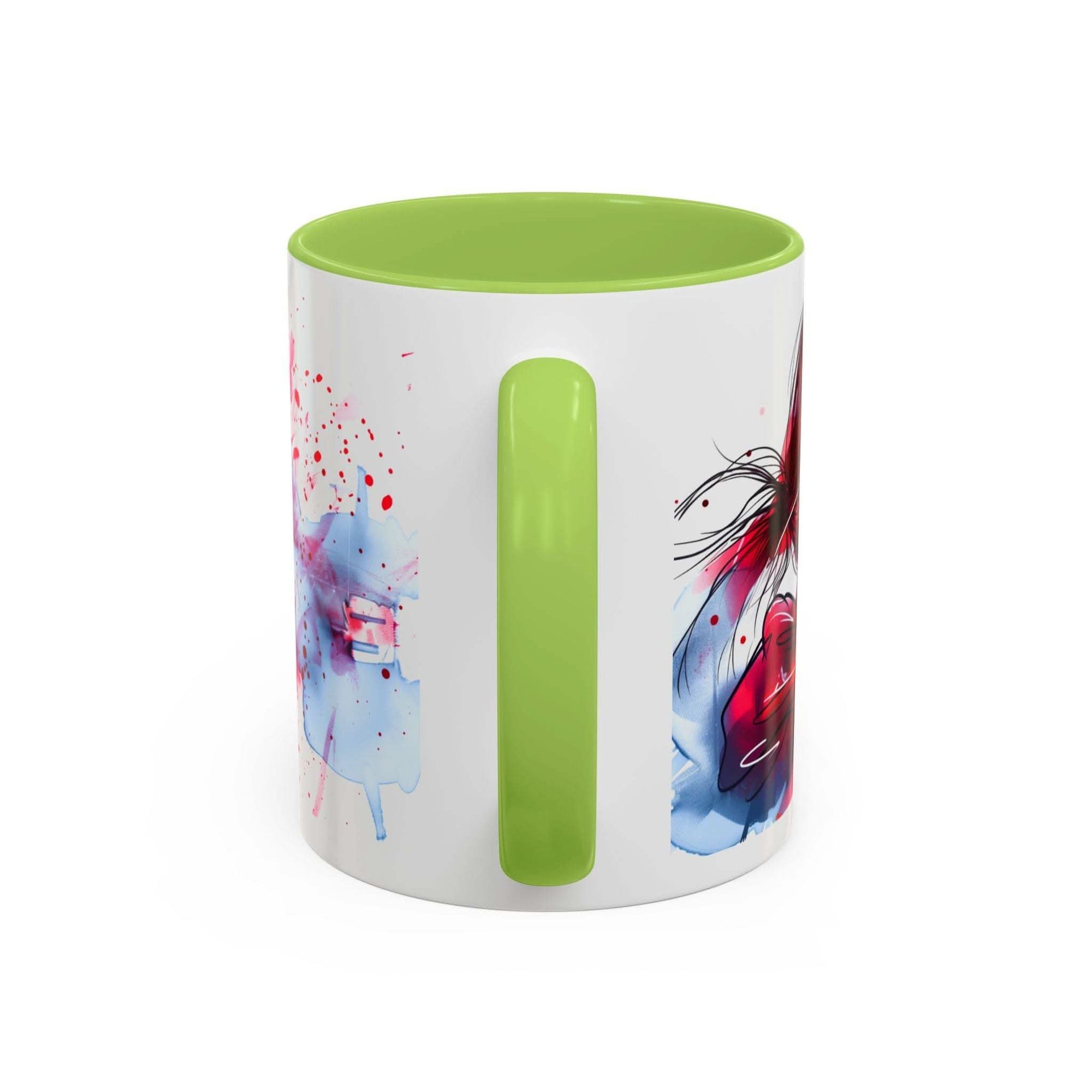 Valentines Floral Love Accent Coffee Mug with green interior and handle, romantic heart and floral design, 11/15oz ceramic mug