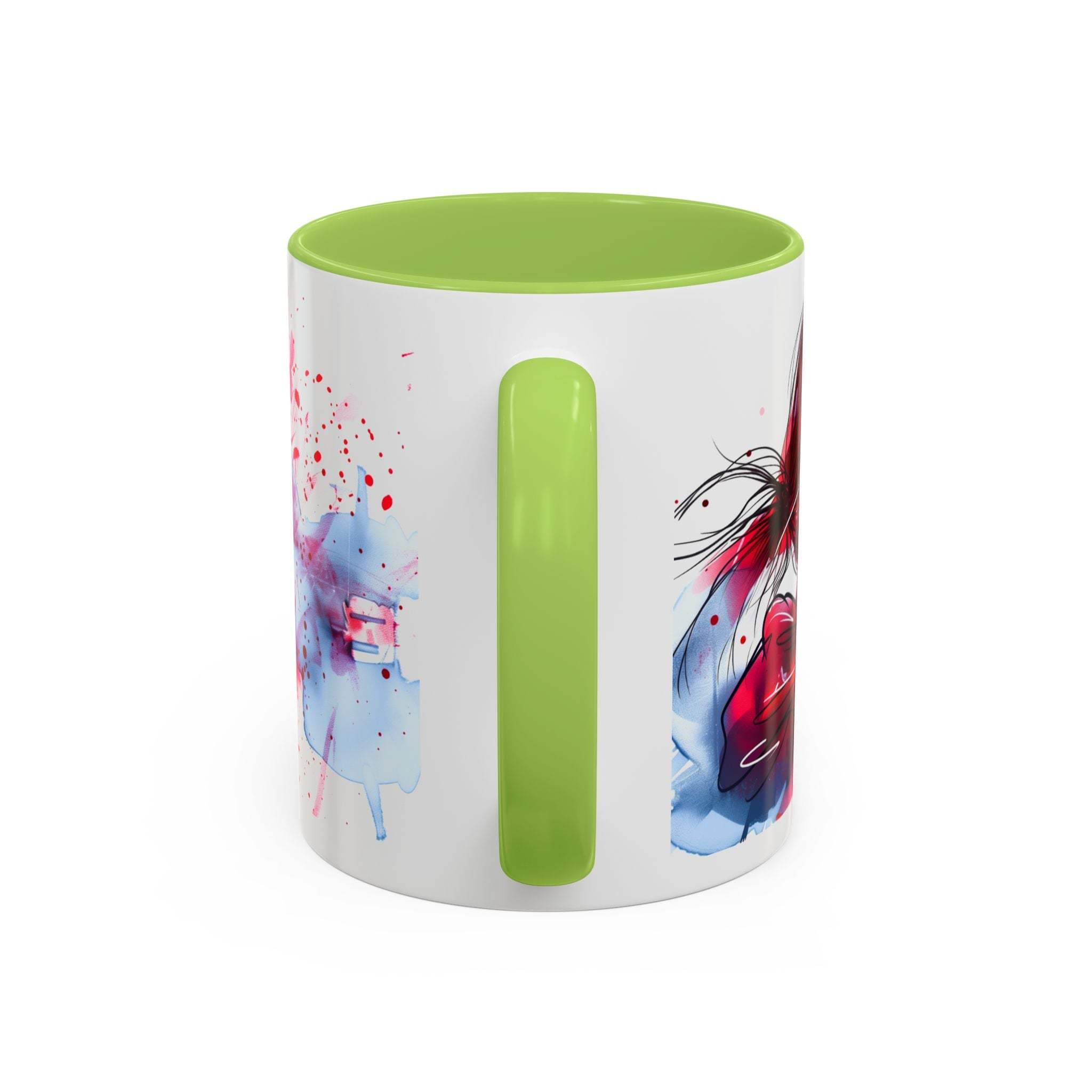 Valentines Floral Love Accent Coffee Mug with green interior and handle, romantic heart and floral design, 11/15oz ceramic mug