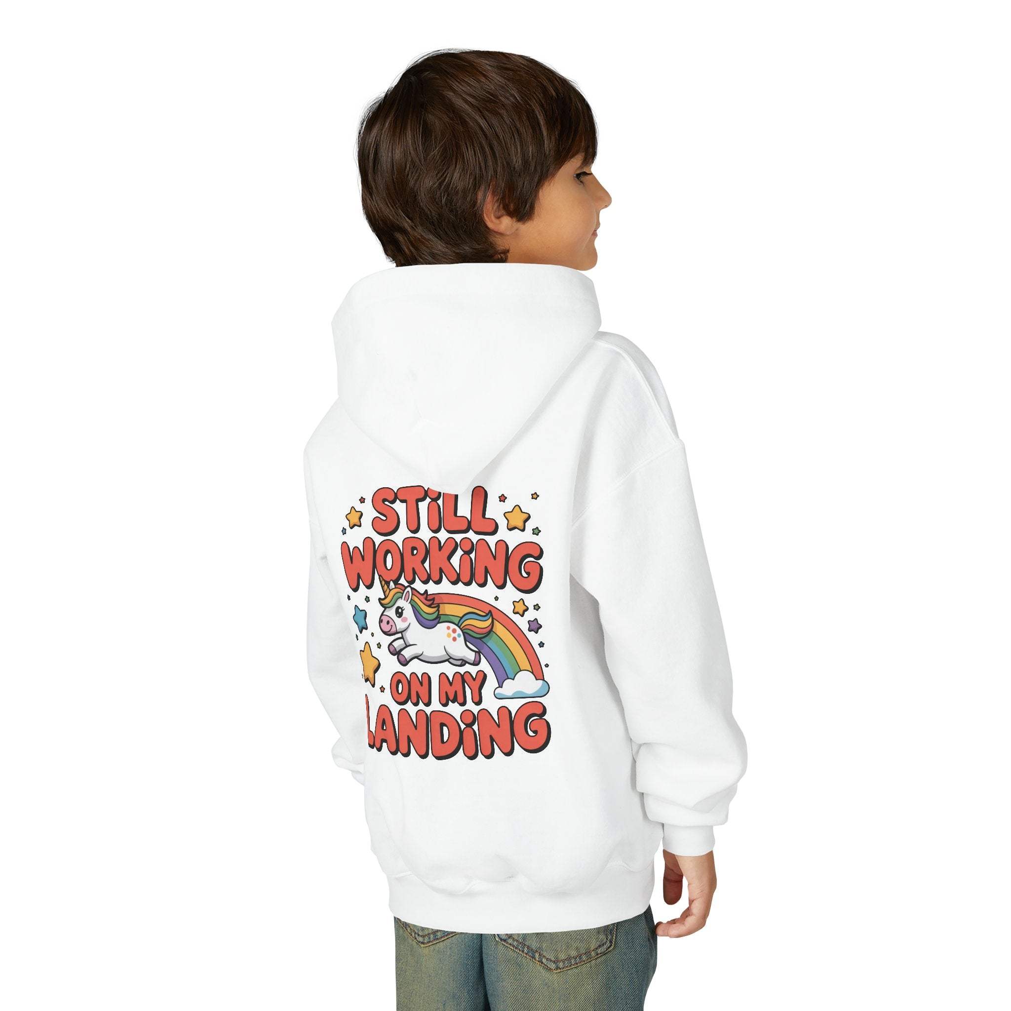 Still Working On My Landing Hoodie | Kids Unicorn Rainbow Design
