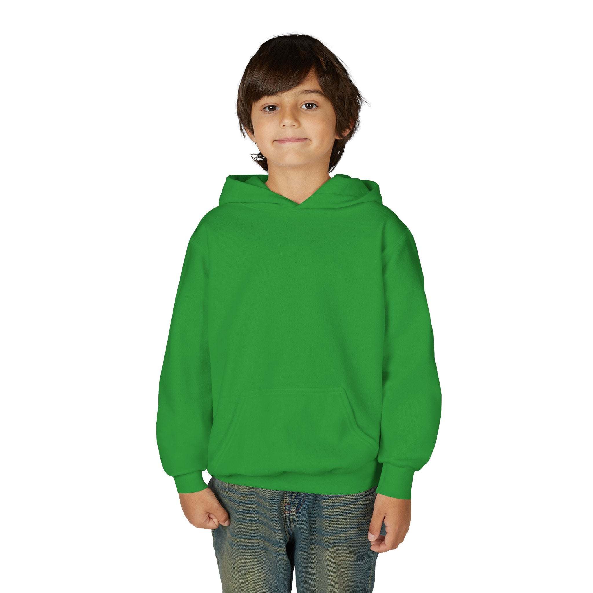 Kid wearing plain green hoodie with kangaroo pocket and hood