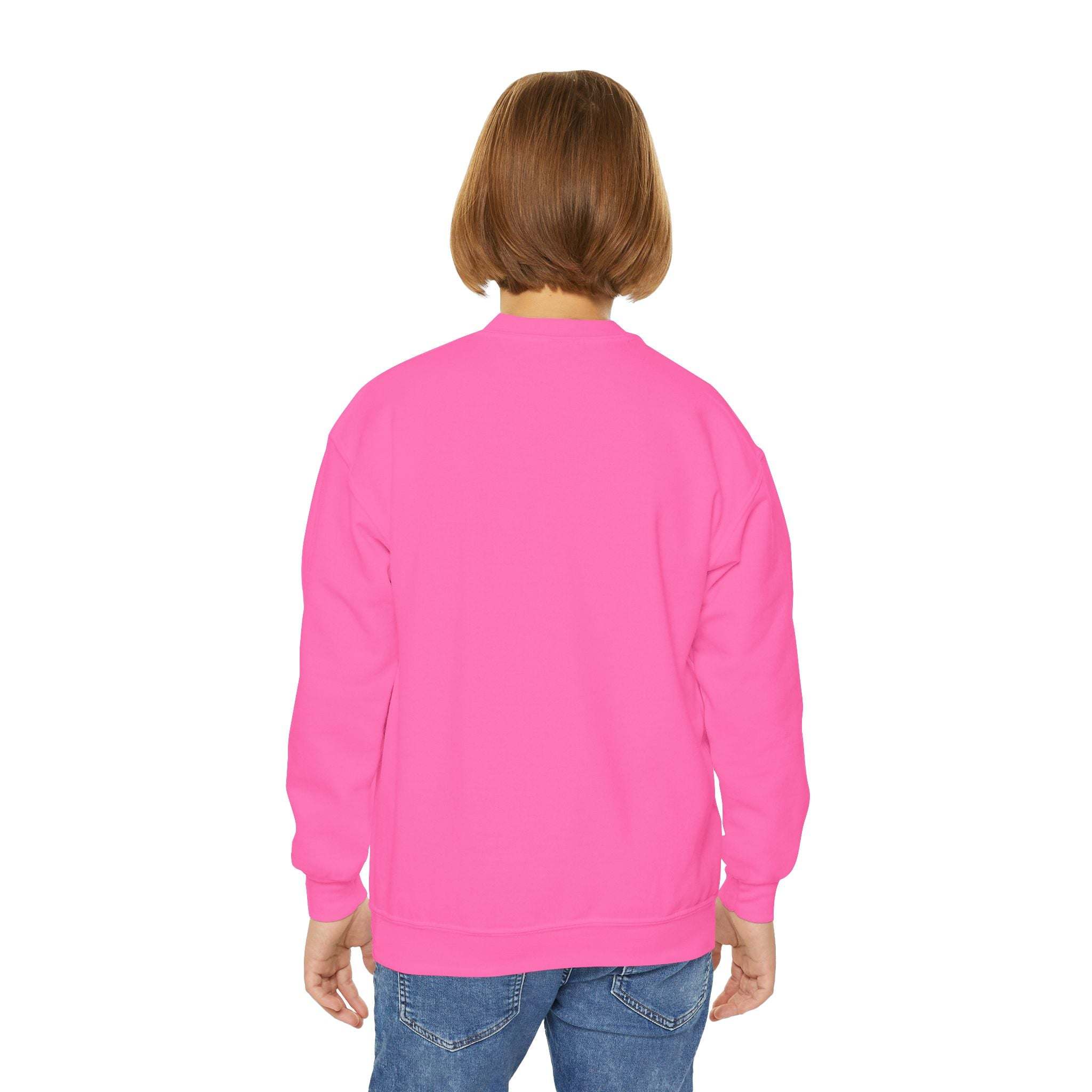 Back view of a child wearing bright pink Moody Girl Highland Cow sweatshirt with ribbed collar and cuffs