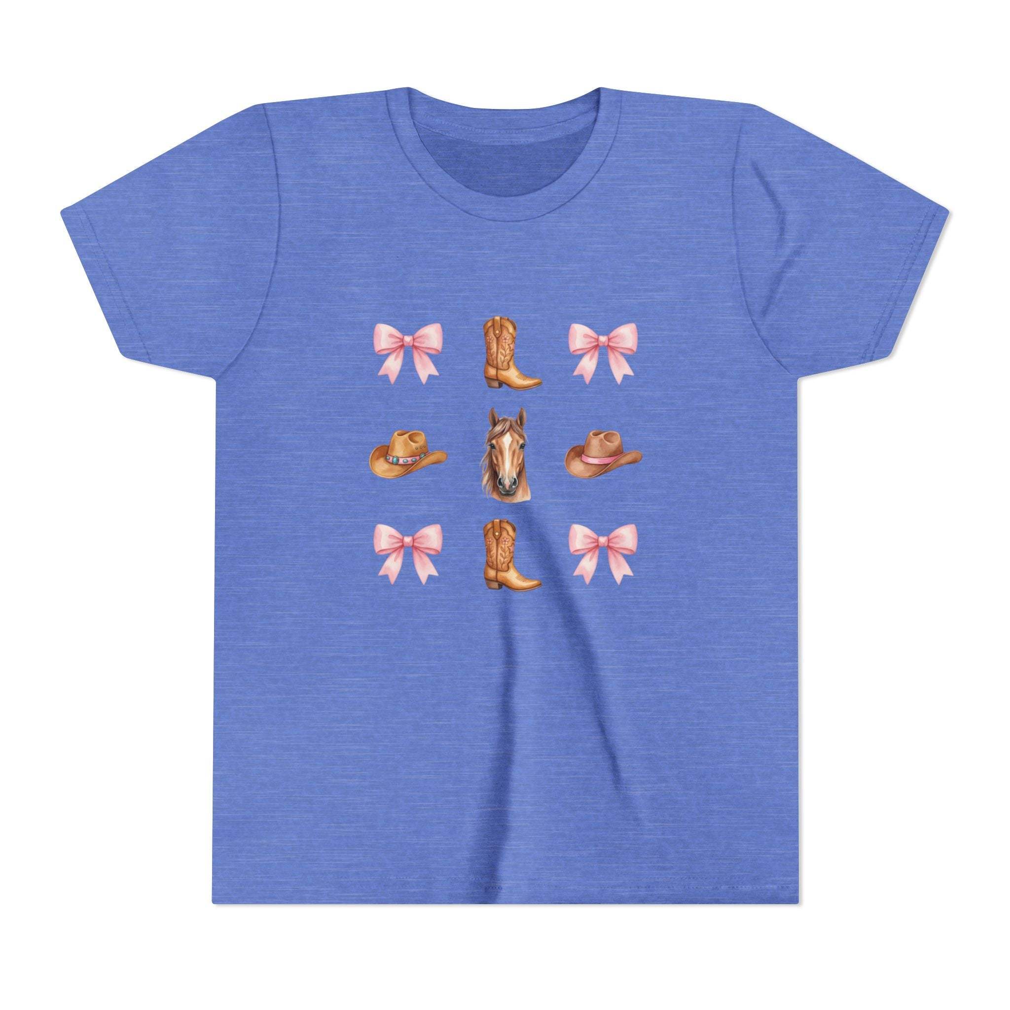 Youth pink tee with Cowboy Horse & Boots Coquette Bow Pattern featuring western hat and horse face design