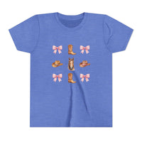 Youth pink tee with Cowboy Horse & Boots Coquette Bow Pattern featuring western hat and horse face design