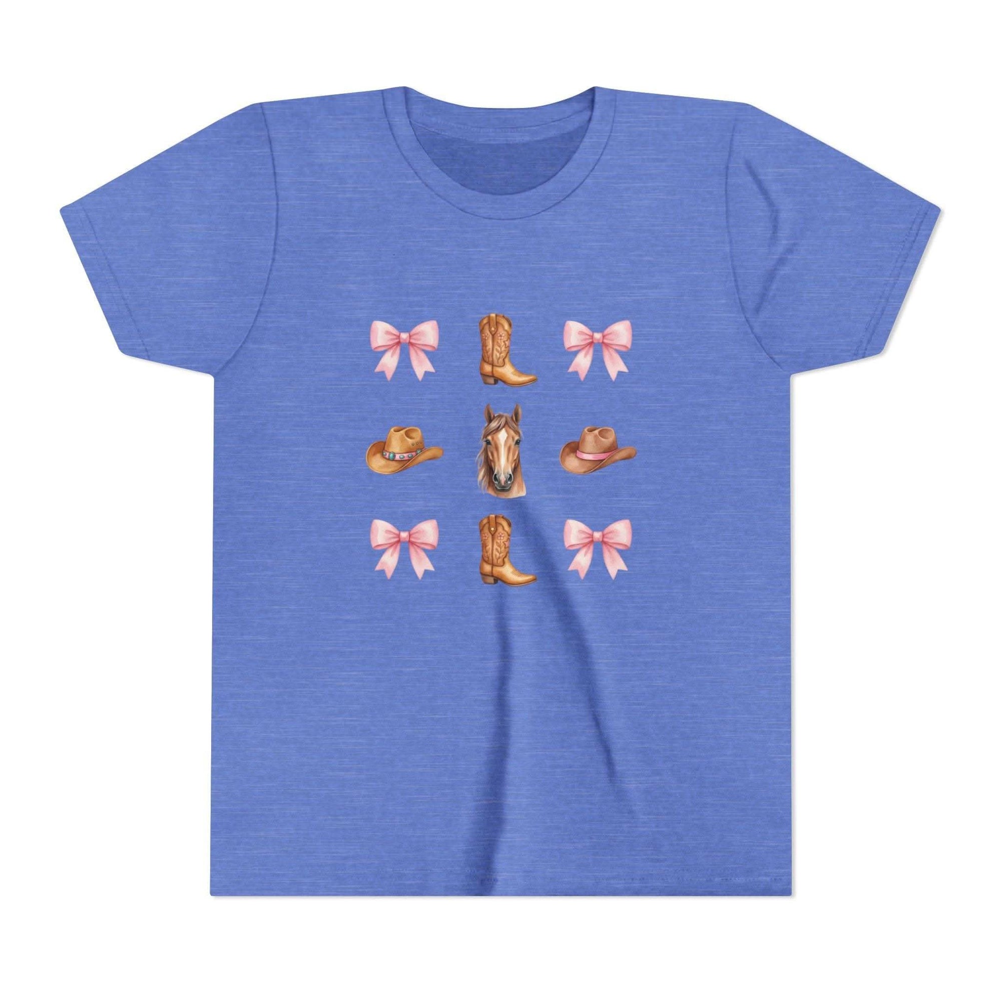 Youth pink tee with Cowboy Horse & Boots Coquette Bow Pattern featuring western hat and horse face design