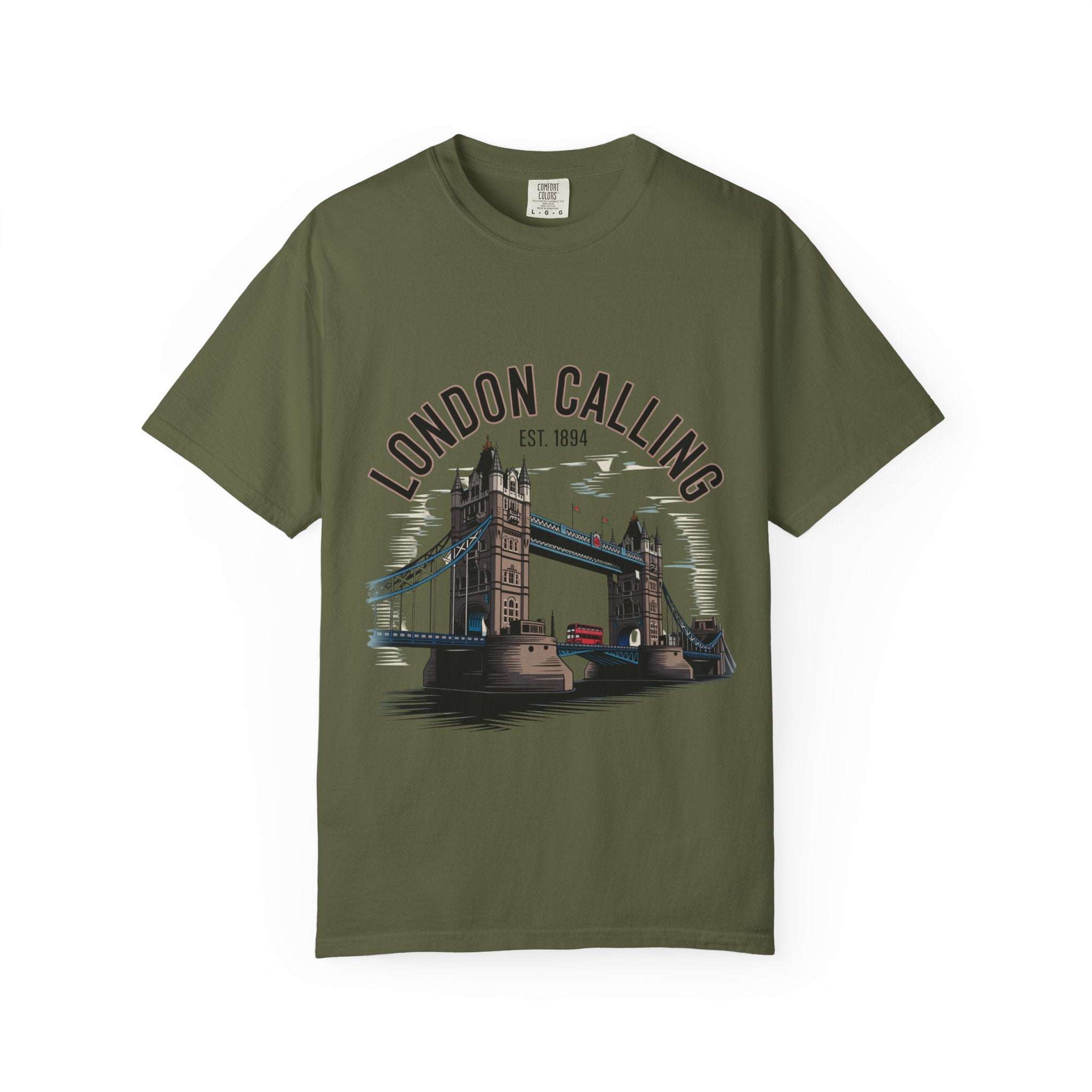 Unisex black garment-dyed t-shirt featuring 'London Calling' travel graphic by Printify