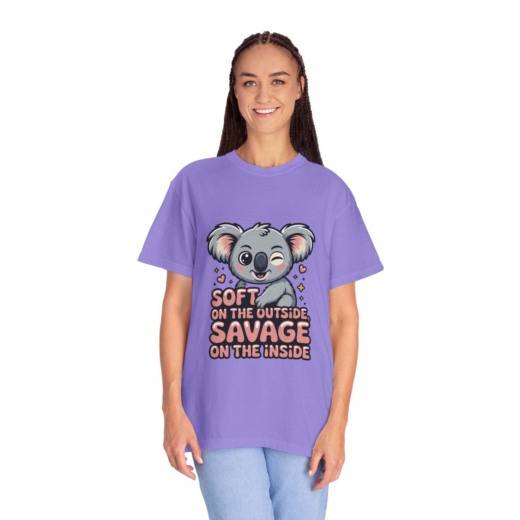 Woman wearing lavender "Soft on the Outside Savage on the Inside" koala graphic t-shirt