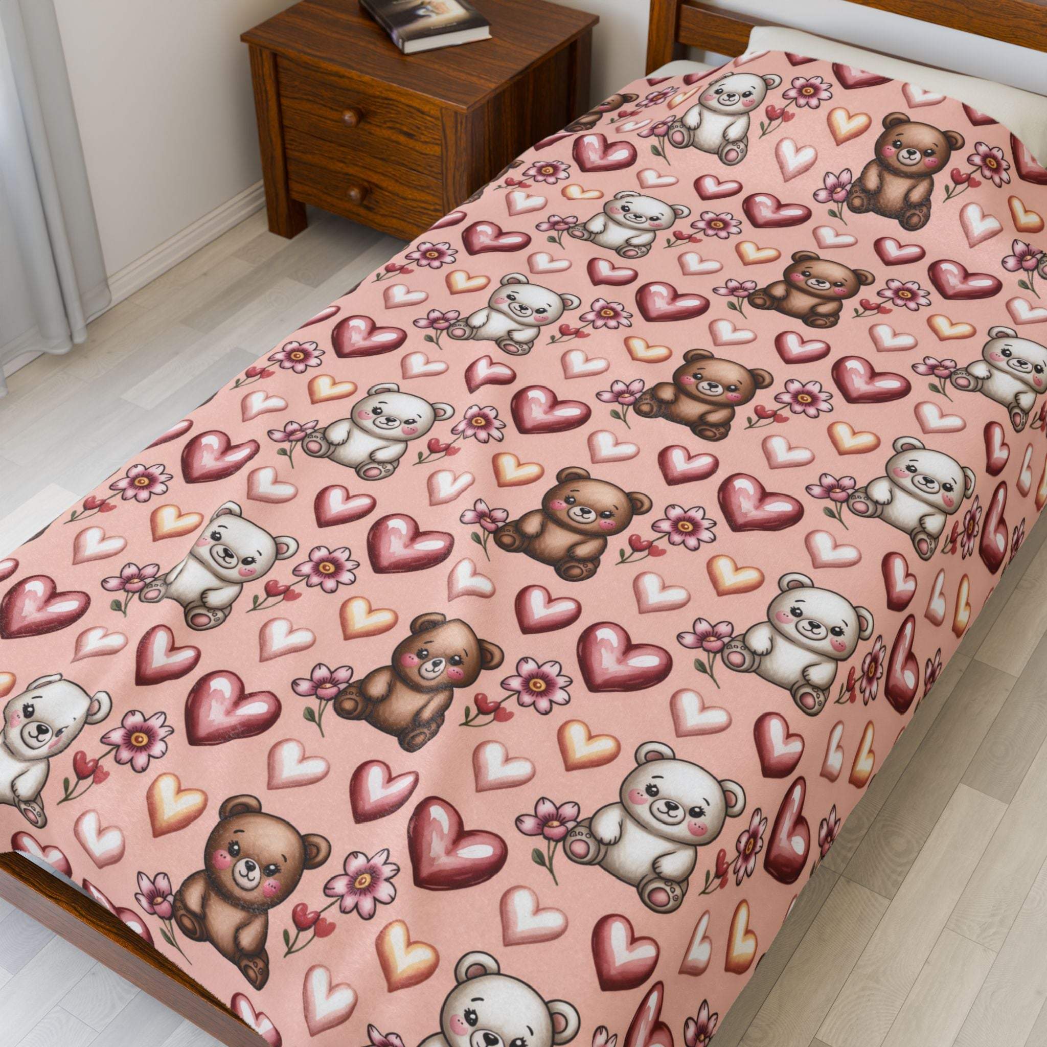 Kawaii Milk and Mocha Bears velveteen plush blanket with cute sleepy bear duo in pastel colors