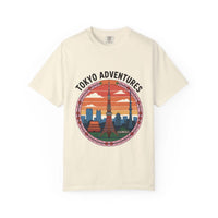 Red garment-dyed cotton t-shirt featuring Tokyo Adventures design by Printify