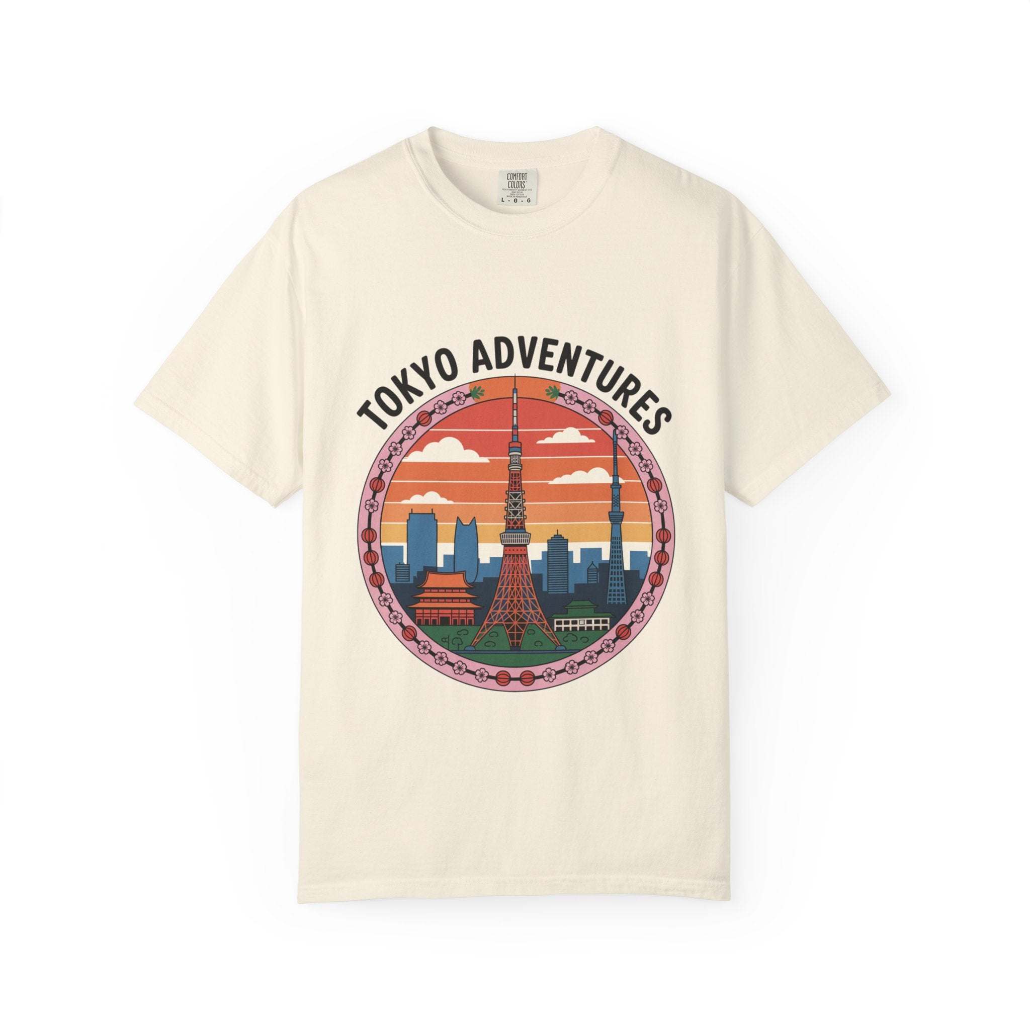 Red garment-dyed cotton t-shirt featuring Tokyo Adventures design by Printify