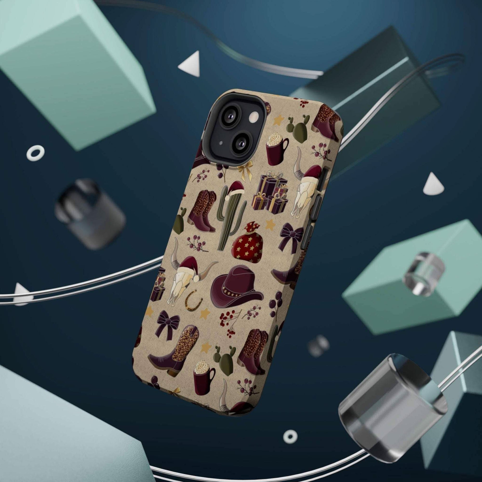 Cowboy Christmas design phone case for iPhone 17 in glossy finish by Printify, featuring festive colors and patterns.