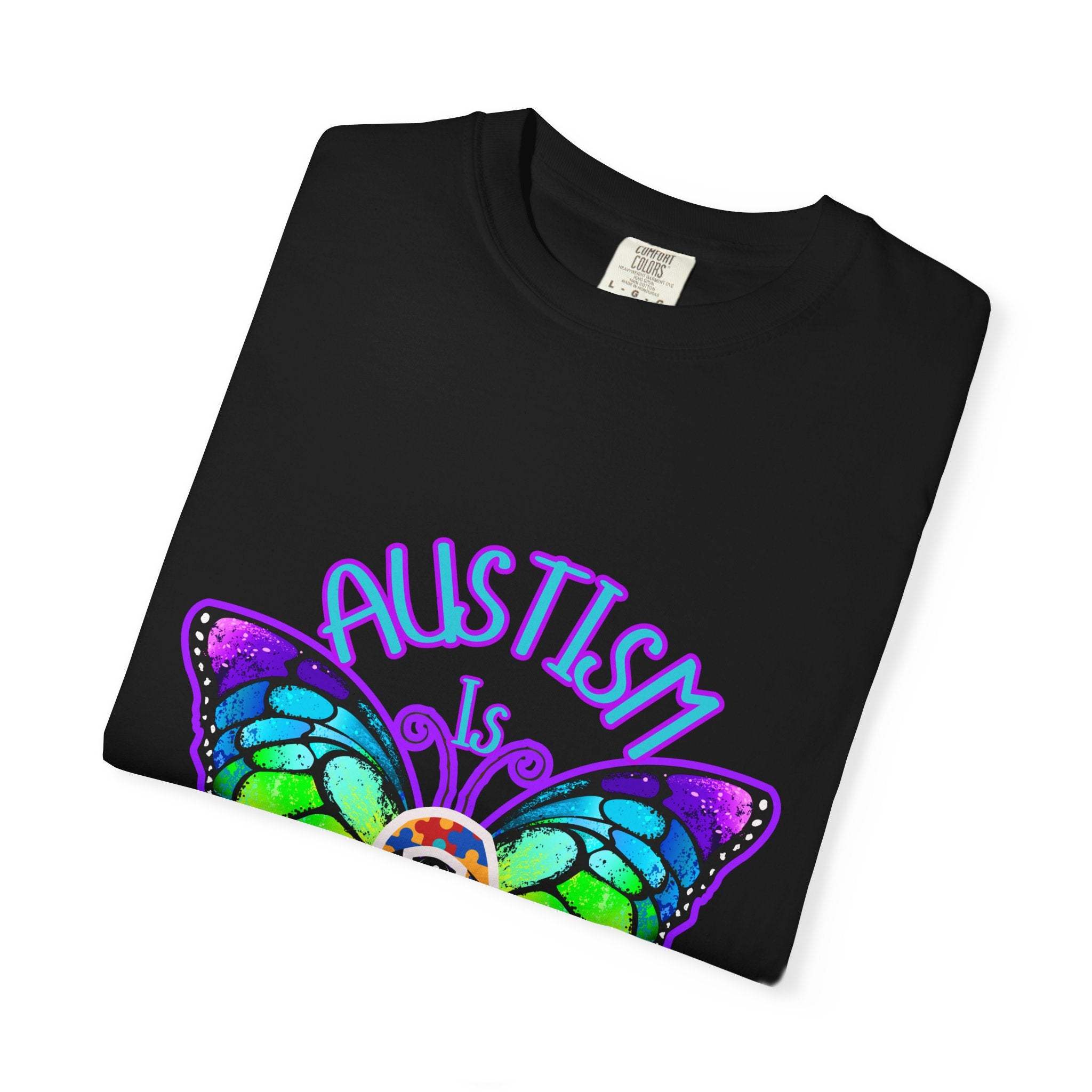 Black Autism is Beautiful T-shirt with colorful butterfly design promoting autism awareness and acceptance