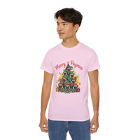 Black Merry Pugmas holiday t-shirt from Printify, featuring festive pug design for dog lovers.