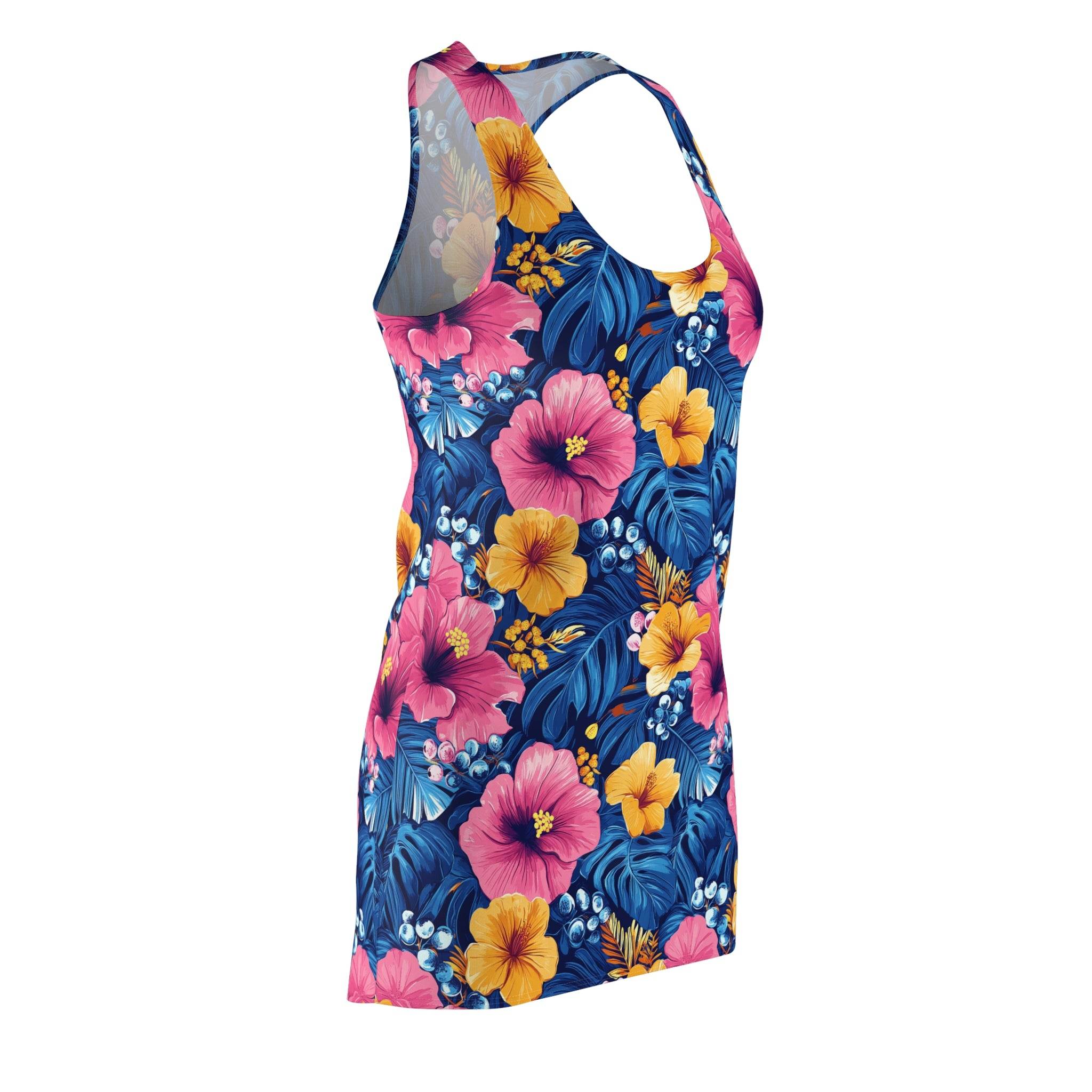 Tropical Hibiscus Floral Racerback Dress | Blue Pink Yellow AOP