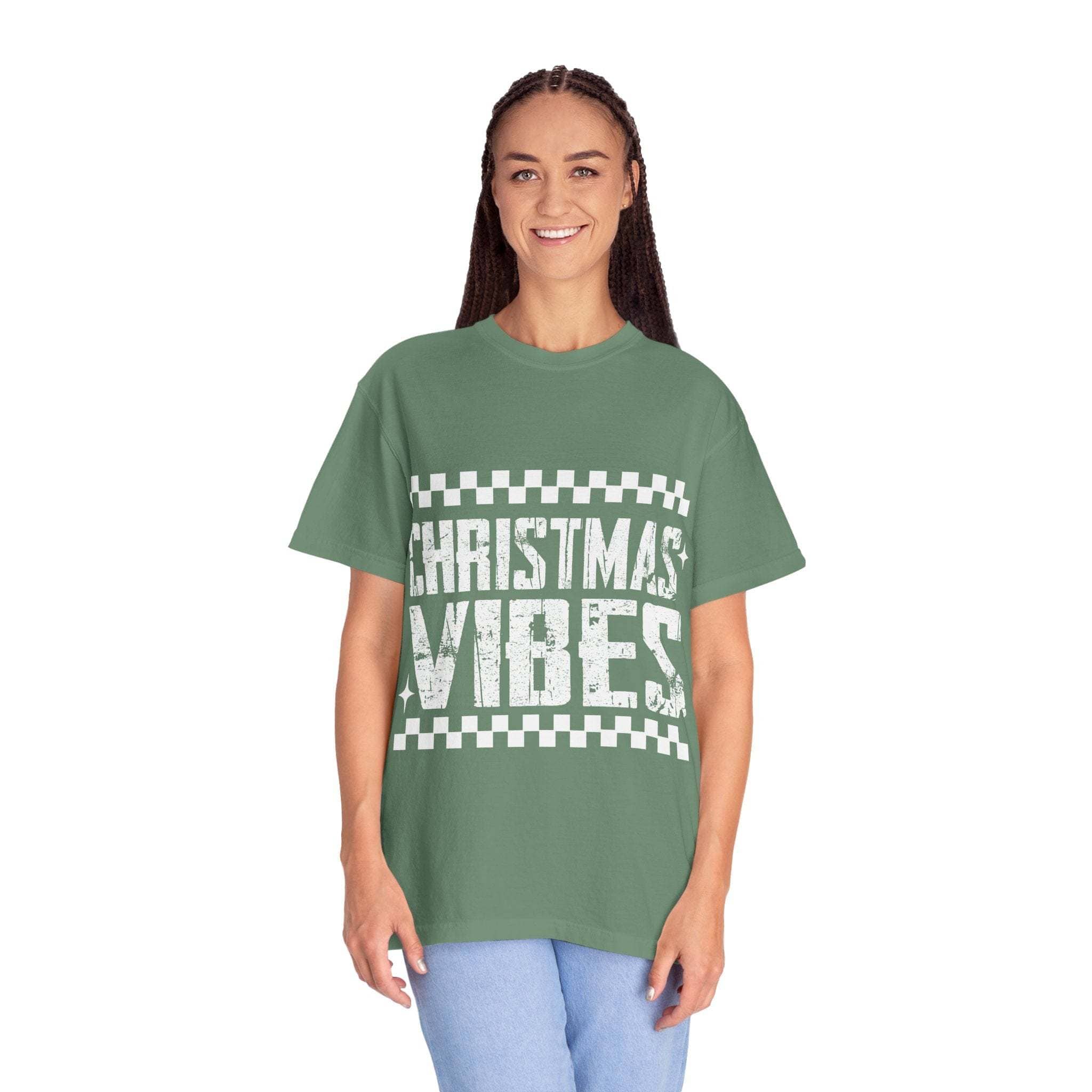 Distressed Christmas Vibes garment-dyed vintage holiday t-shirt with soft faded graphics and relaxed fit