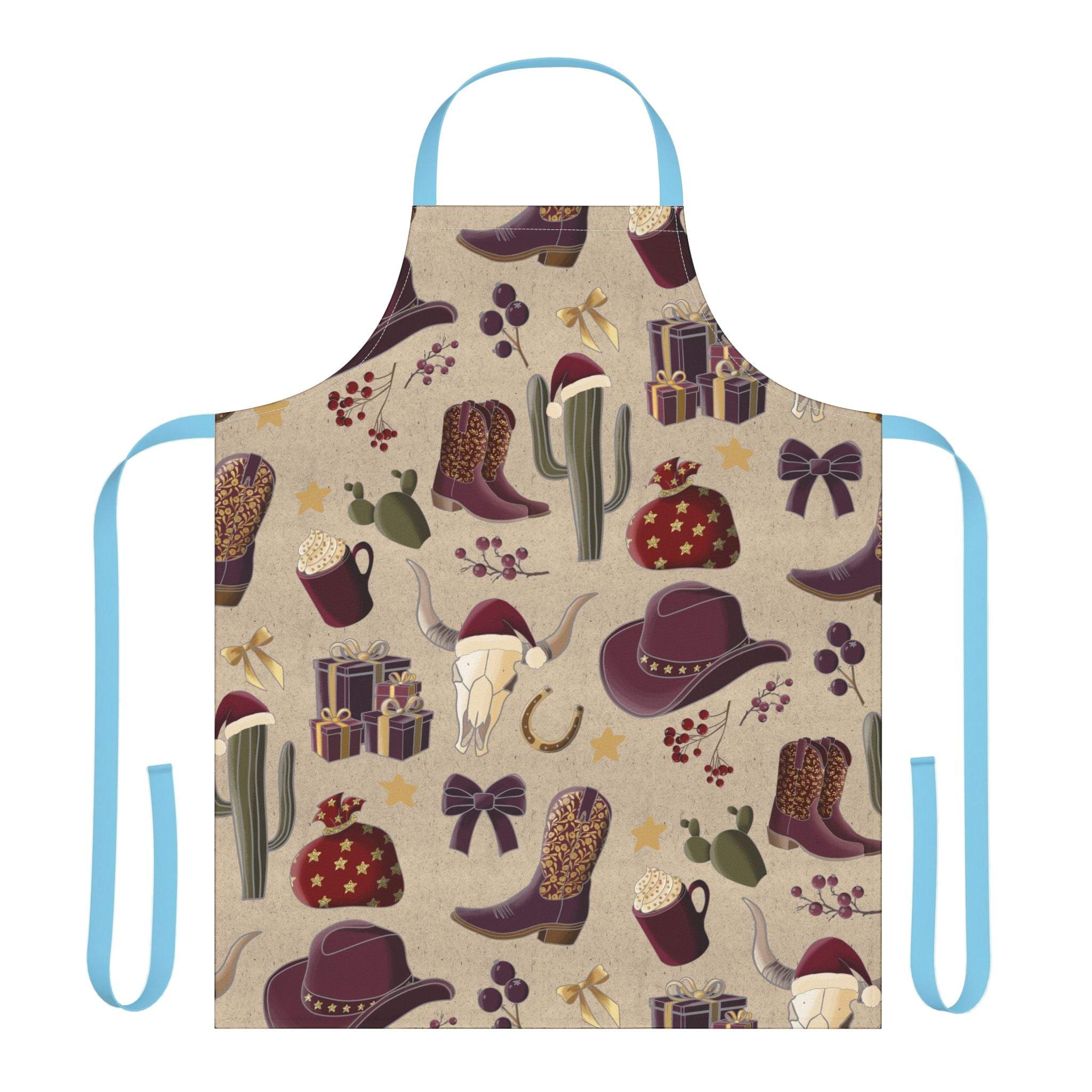 Cowboy Christmas apron with festive Western holiday design and blue ties