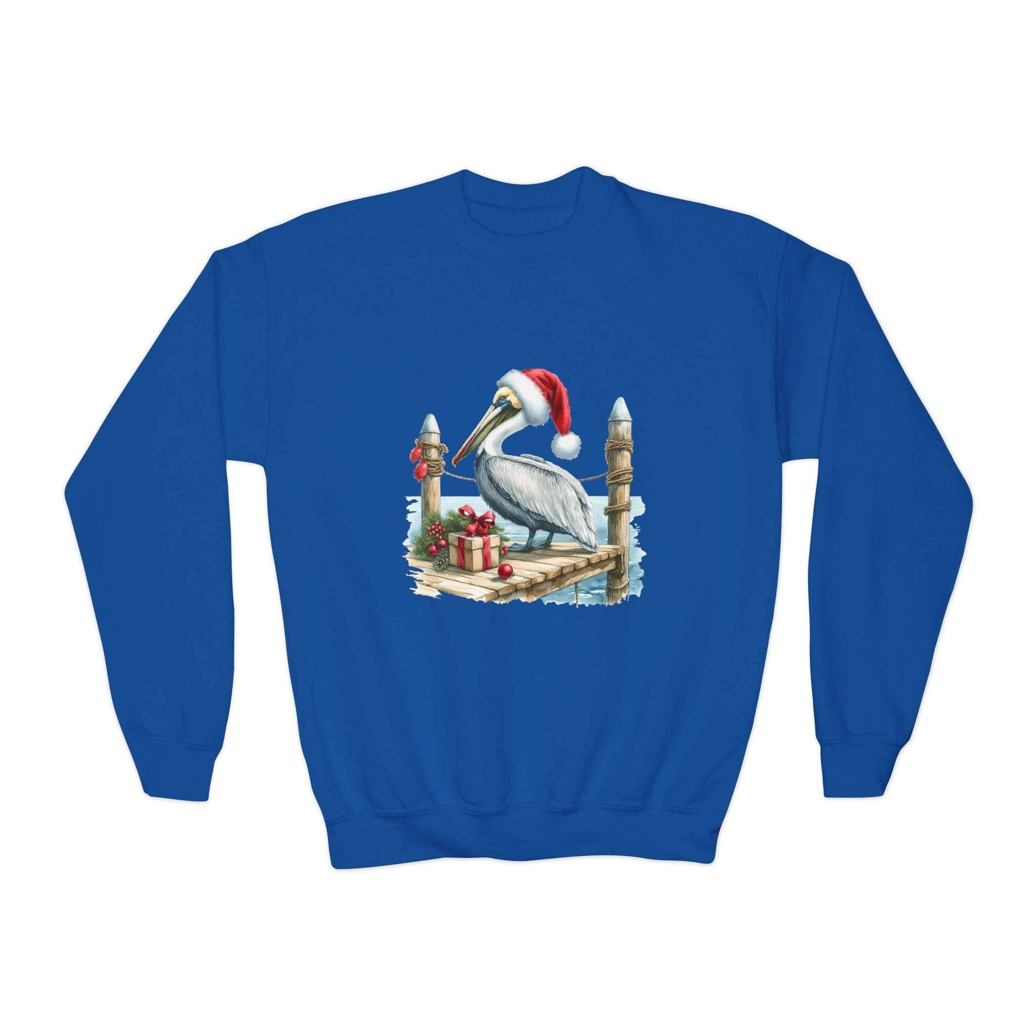 Youth crewneck sweatshirt with embroidered pelican wearing a Santa hat and holiday gifts design