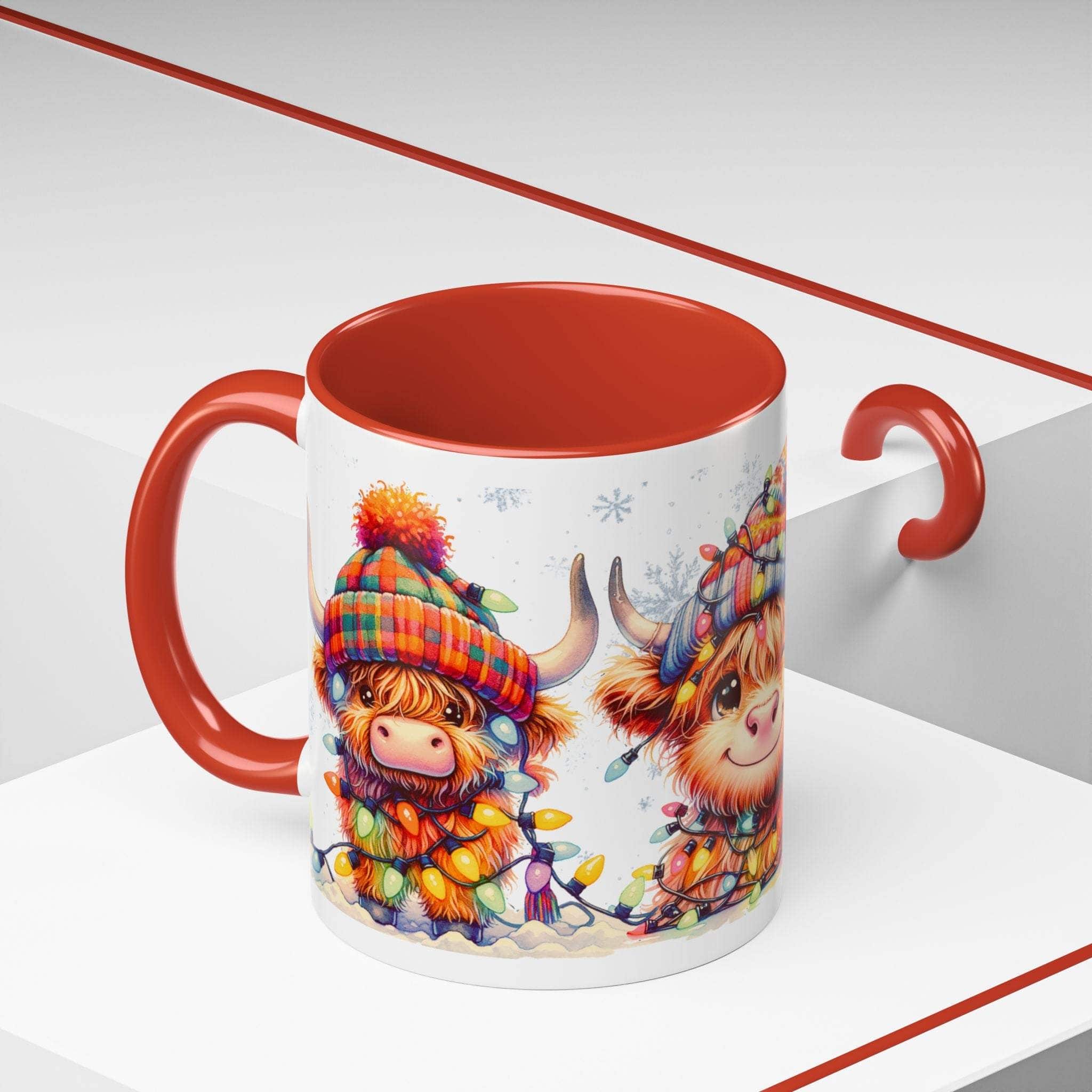 Mug with Highland cow design featuring Christmas lights on a white background