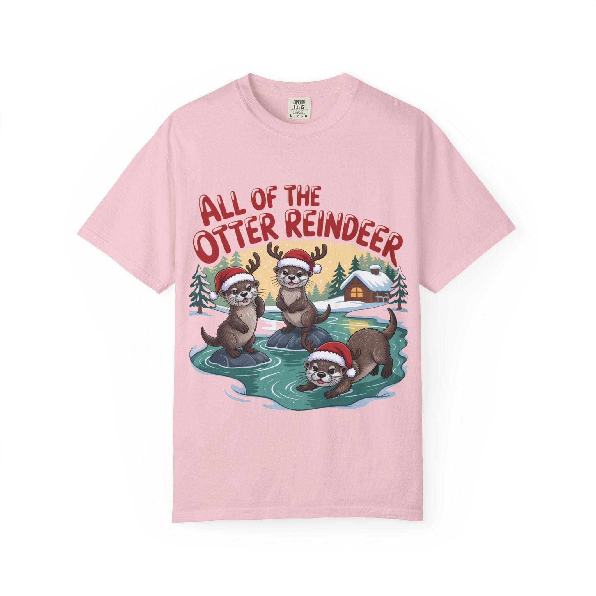 Pink Otter Reindeer Tee with festive otters wearing Santa hats in winter scene