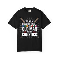 Black t-shirt with pool-themed text and graphics on a white background
