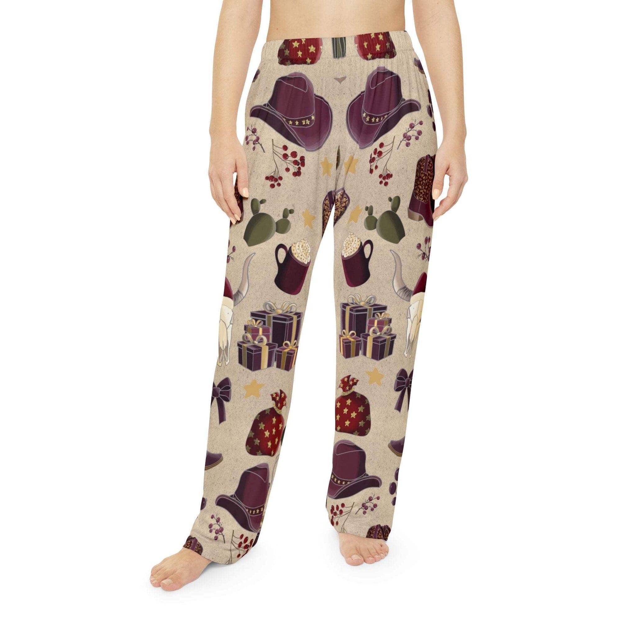 Women's Cowgirl Christmas Pajama Pants in festive western print, soft brushed polyester, elastic waistband, cozy holiday loungewear