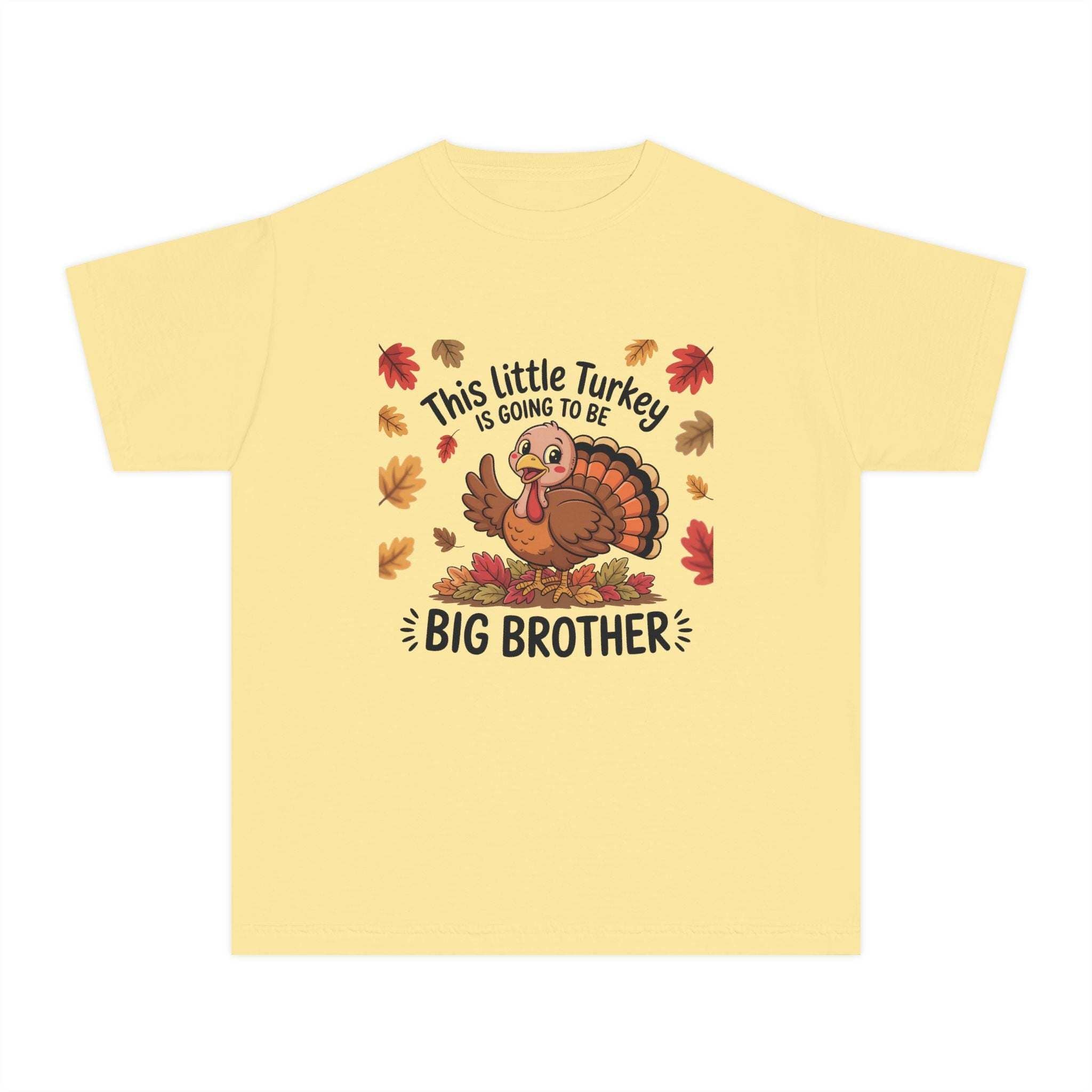 Youth Tee Big Brother Thanksgiving announcement shirt with turkey and fall leaves design
