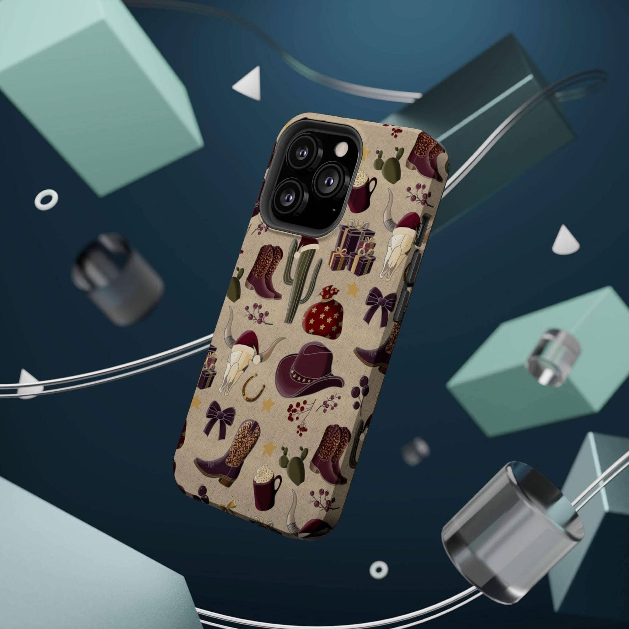 Cowboy Christmas design phone case for iPhone 17 in glossy finish by Printify, featuring festive colors and patterns.