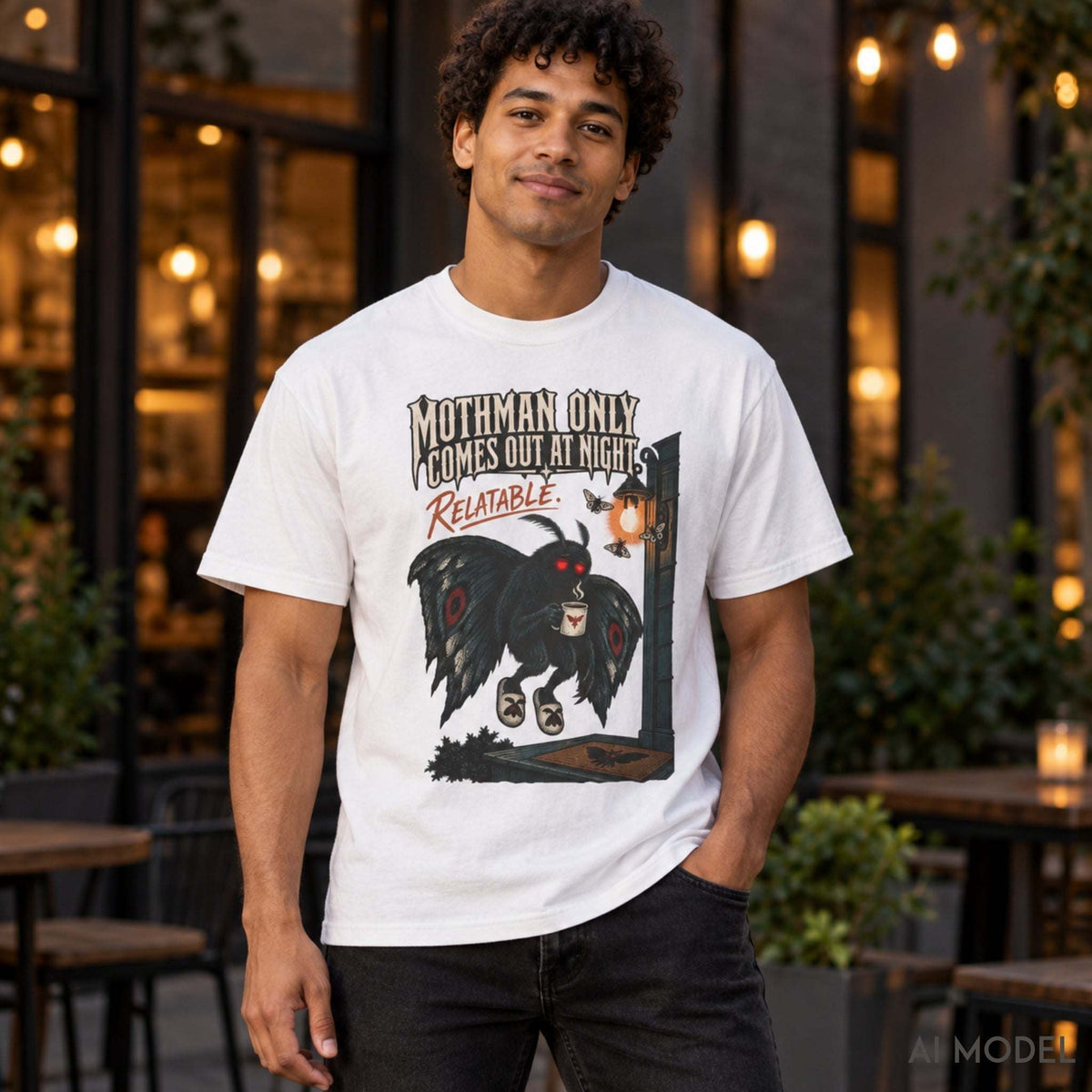 Man modeling a white Comfort Colors 1717 Mothman graphic T-shirt with black jeans outside a café illuminated by warm evening lights.