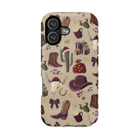 Cowboy Christmas design phone case for iPhone 17 in glossy finish by Printify, featuring festive colors and patterns.