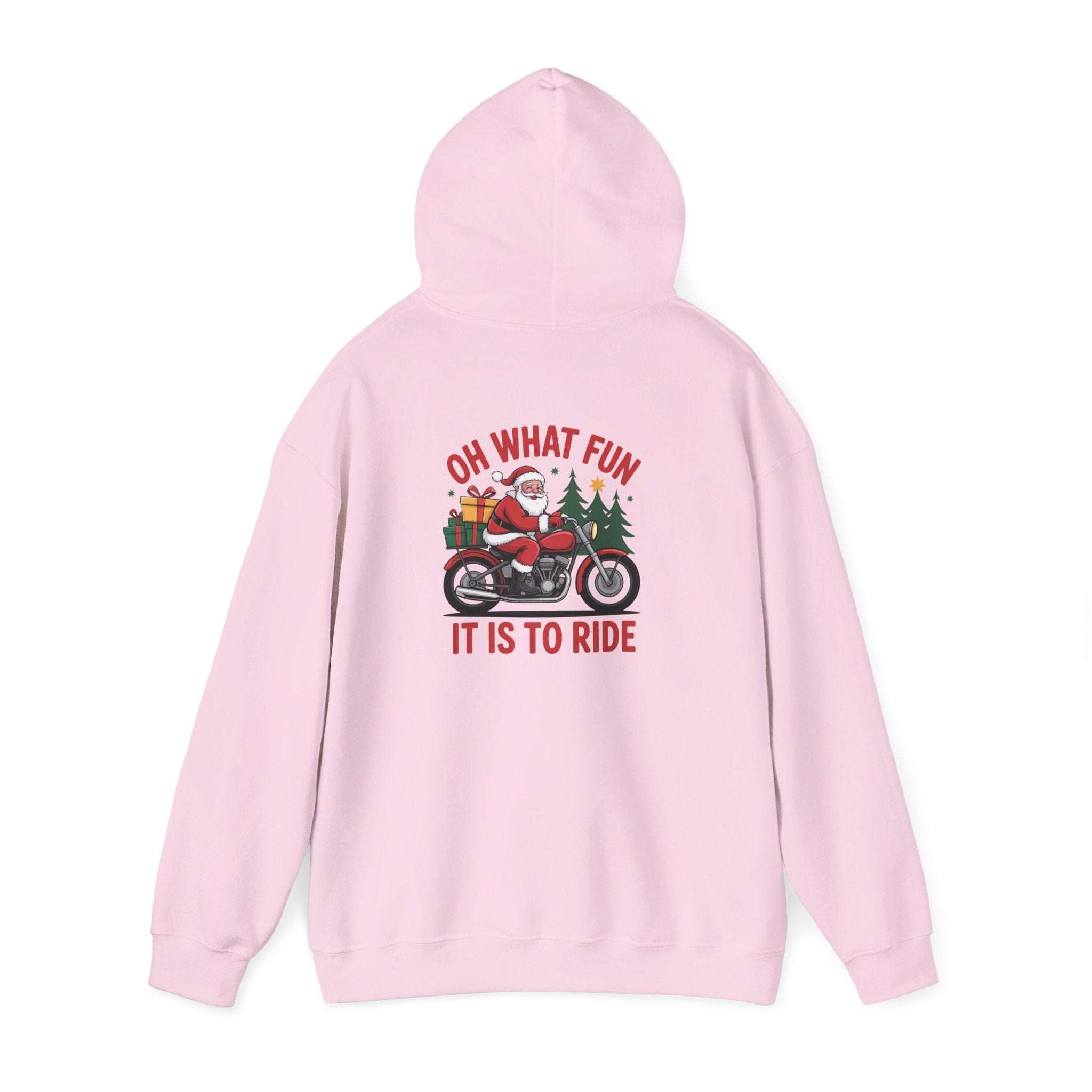 Santa motorcycle hoodie in black, featuring festive graphics, perfect for holiday celebrations and motorcycle enthusiasts.