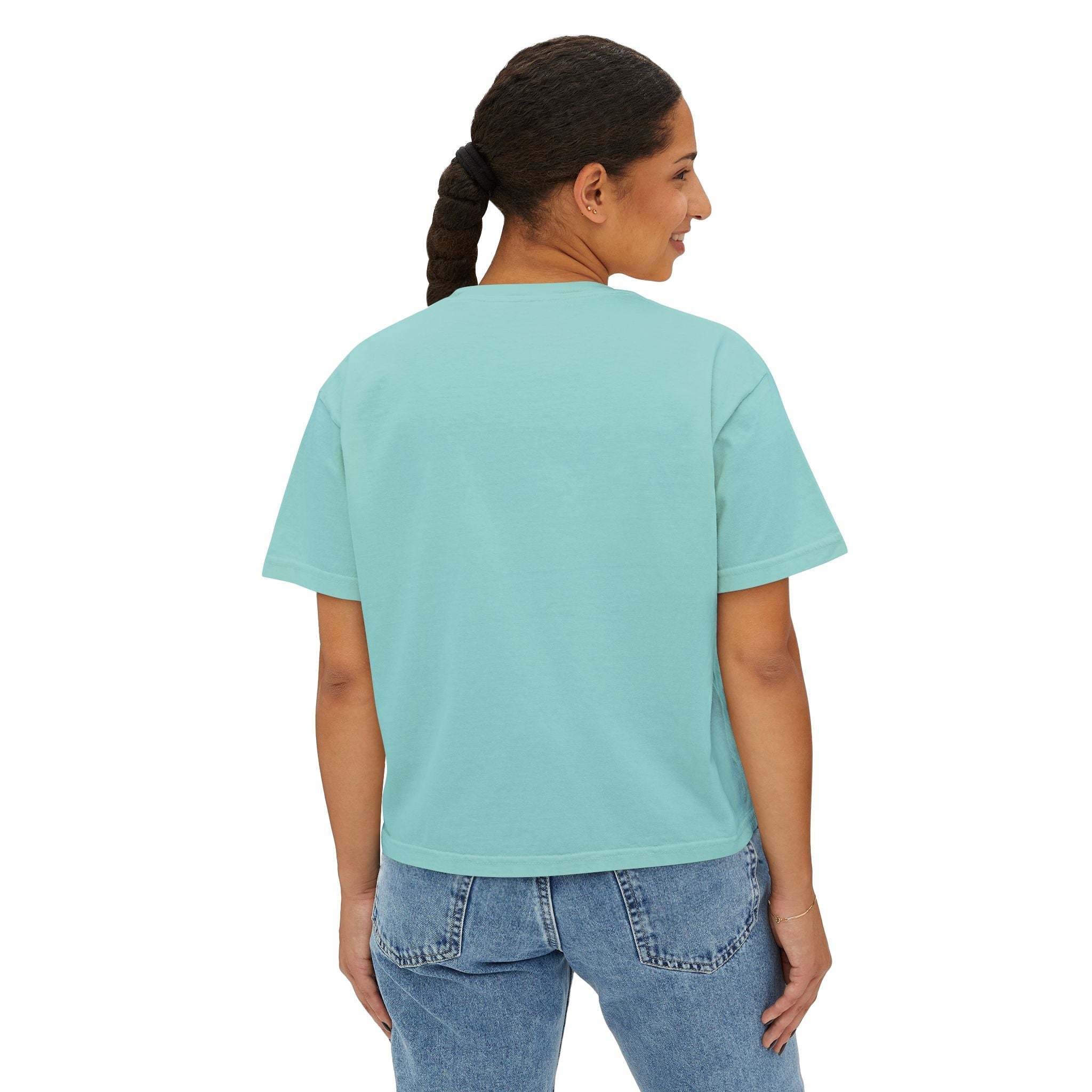 Woman wearing light blue boxy Tee Blessed be the Peacemakers with short sleeves and casual fit viewed from back