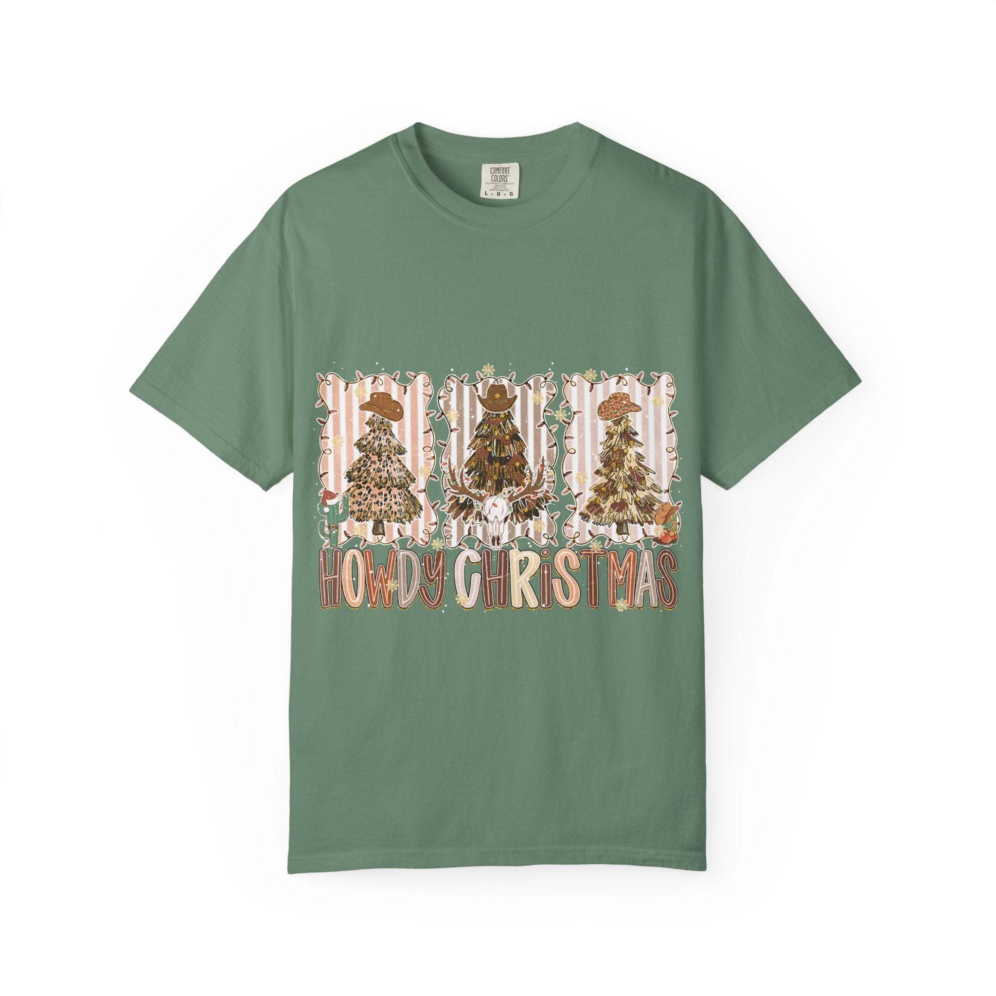Cowboy Howdy Christmas green t-shirt with festive cowboy-themed Christmas tree design