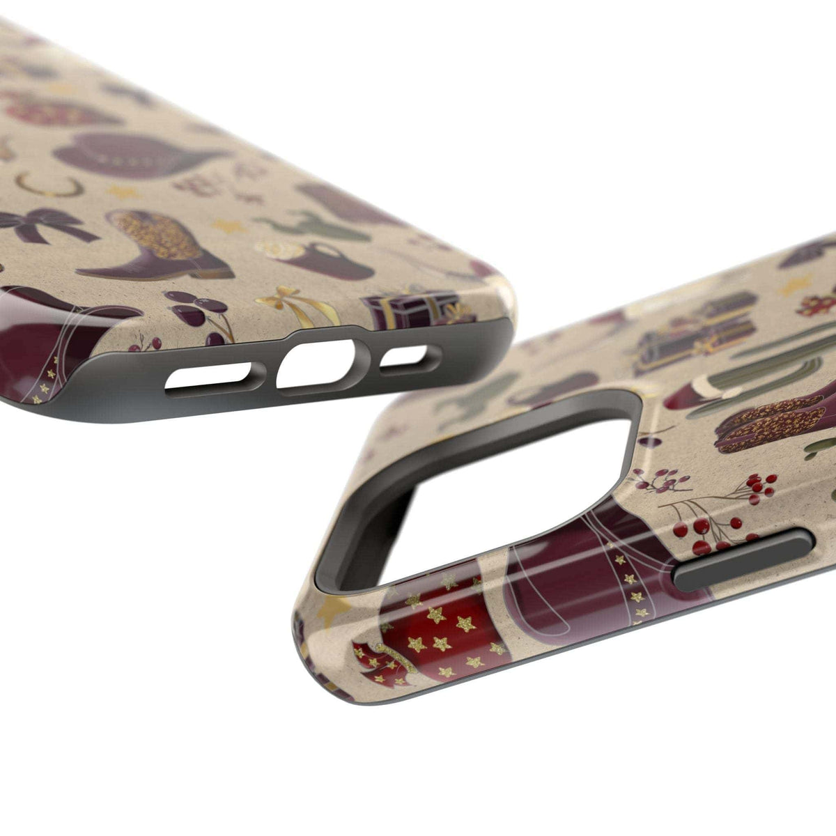 Cowboy Christmas design phone case for iPhone 17 in glossy finish by Printify, featuring festive colors and patterns.