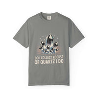 Gray t-shirt with quartz crystal graphic and text on a white background