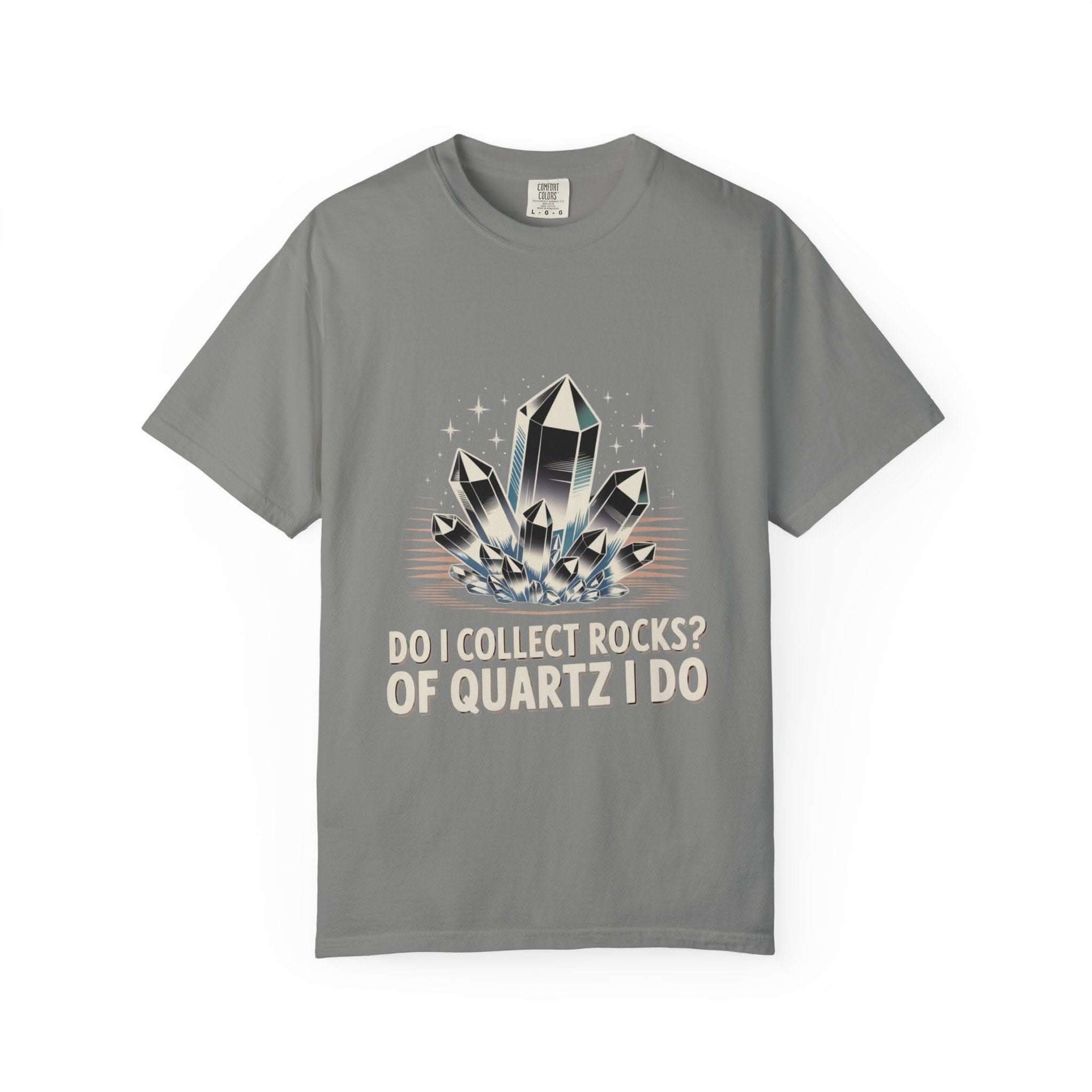 Gray t-shirt with quartz crystal graphic and text on a white background