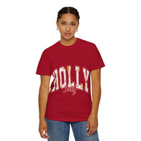 Woman wearing red Varsity Holly Jolly T-shirt with festive lettering and relaxed fit
