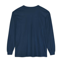navy blue long sleeve t-shirt with ribbed cuffs and durable hem stitching