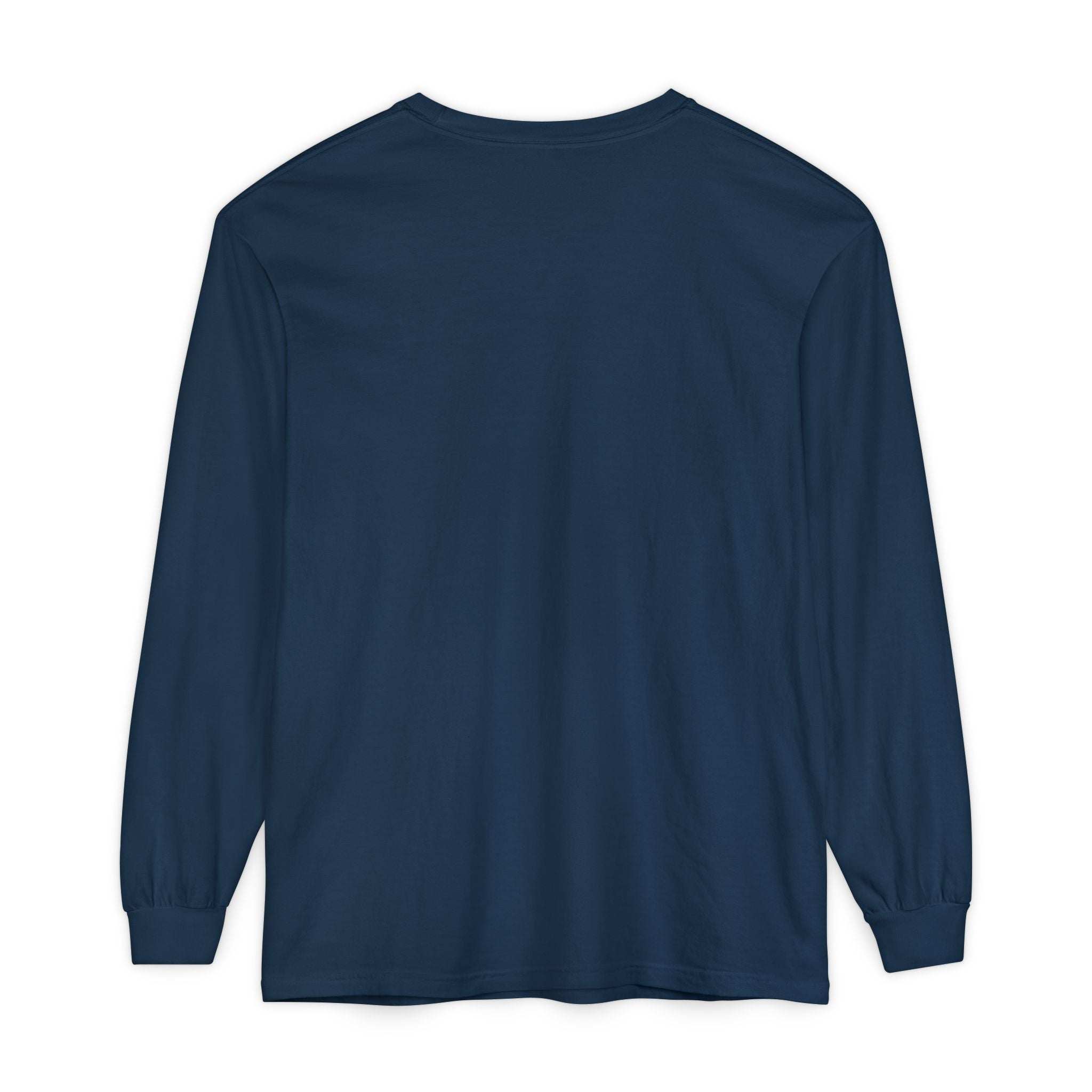 navy blue long sleeve t-shirt with ribbed cuffs and durable hem stitching