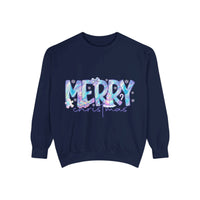 Navy sweatshirt with iridescent Merry Christmas design and festive holiday details