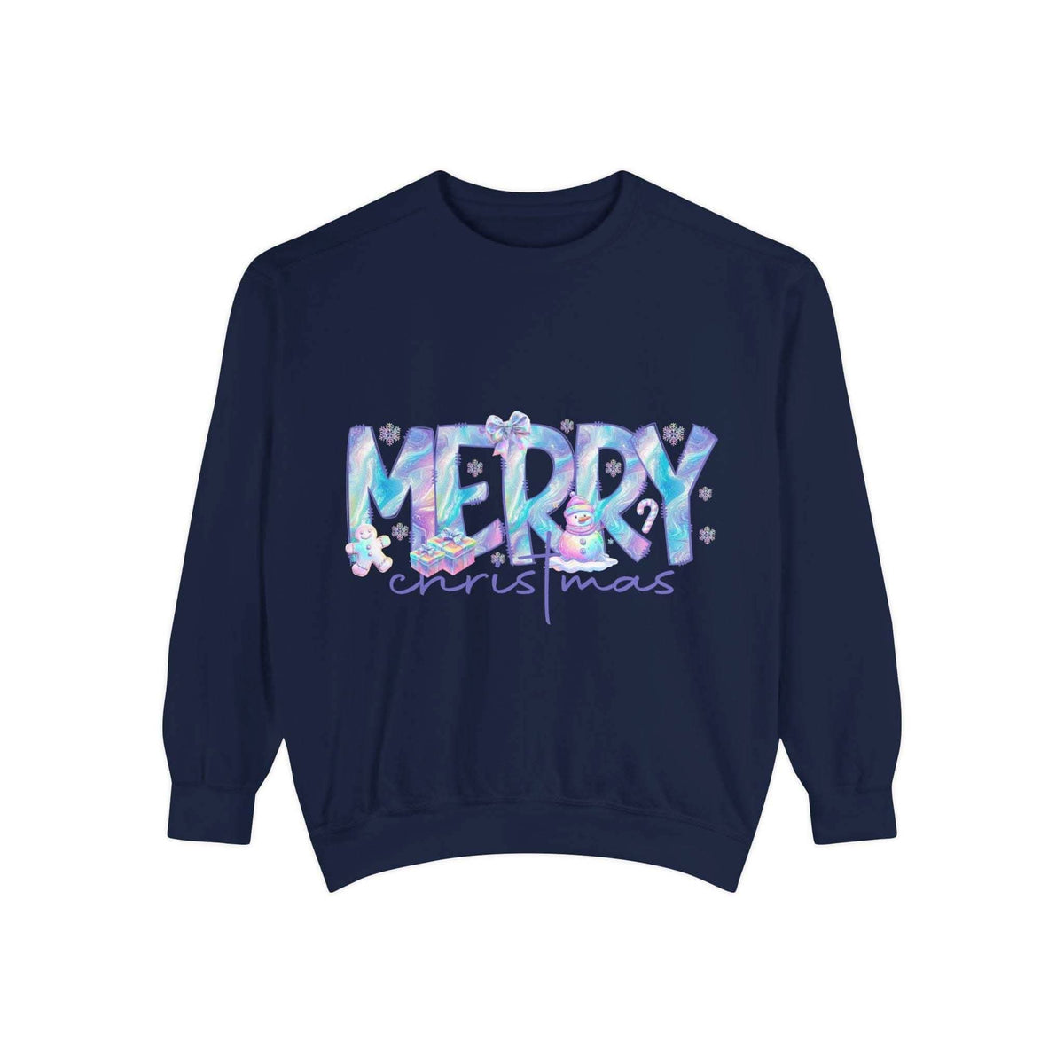 Navy sweatshirt with iridescent Merry Christmas design and festive holiday details