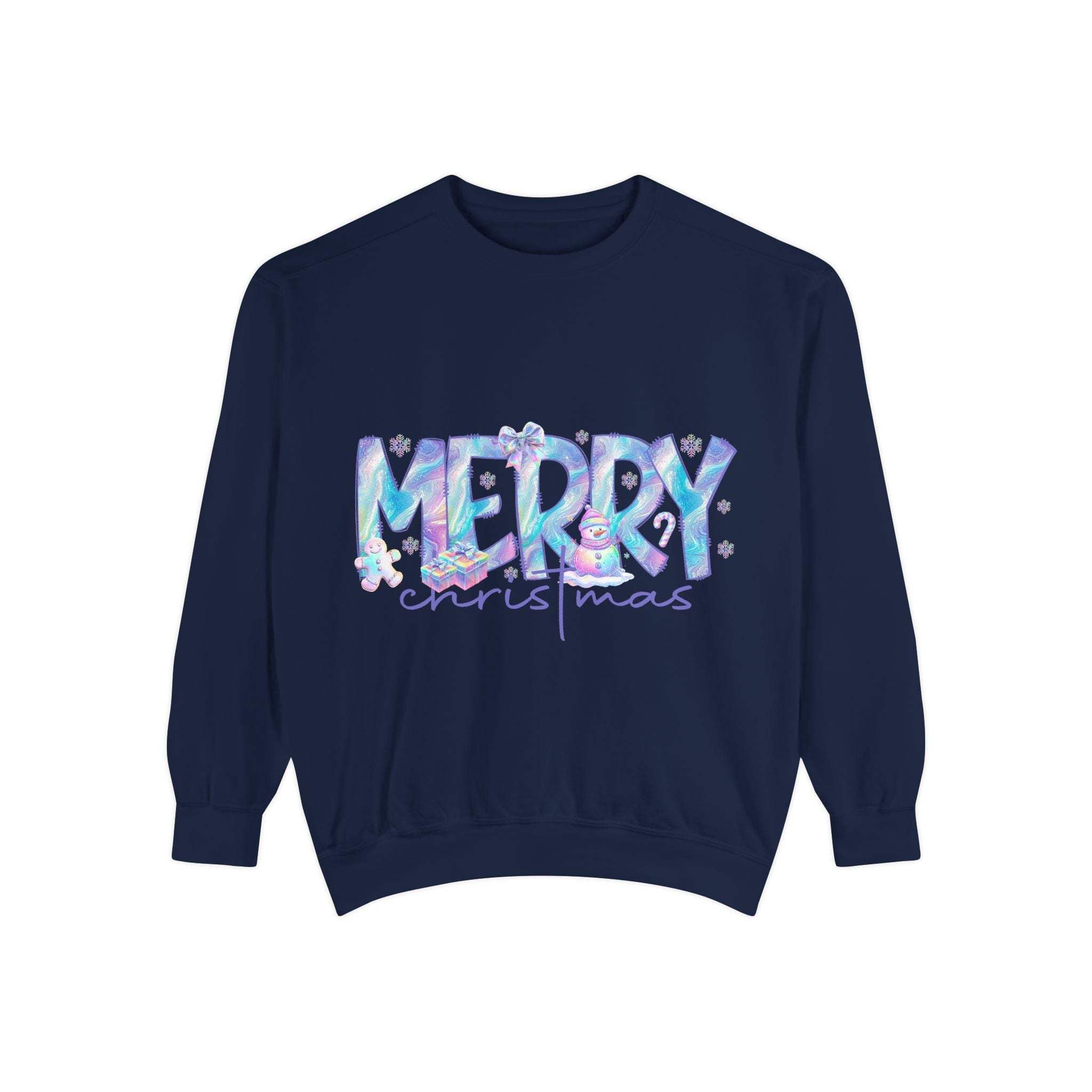 Navy sweatshirt with iridescent Merry Christmas design and festive holiday details
