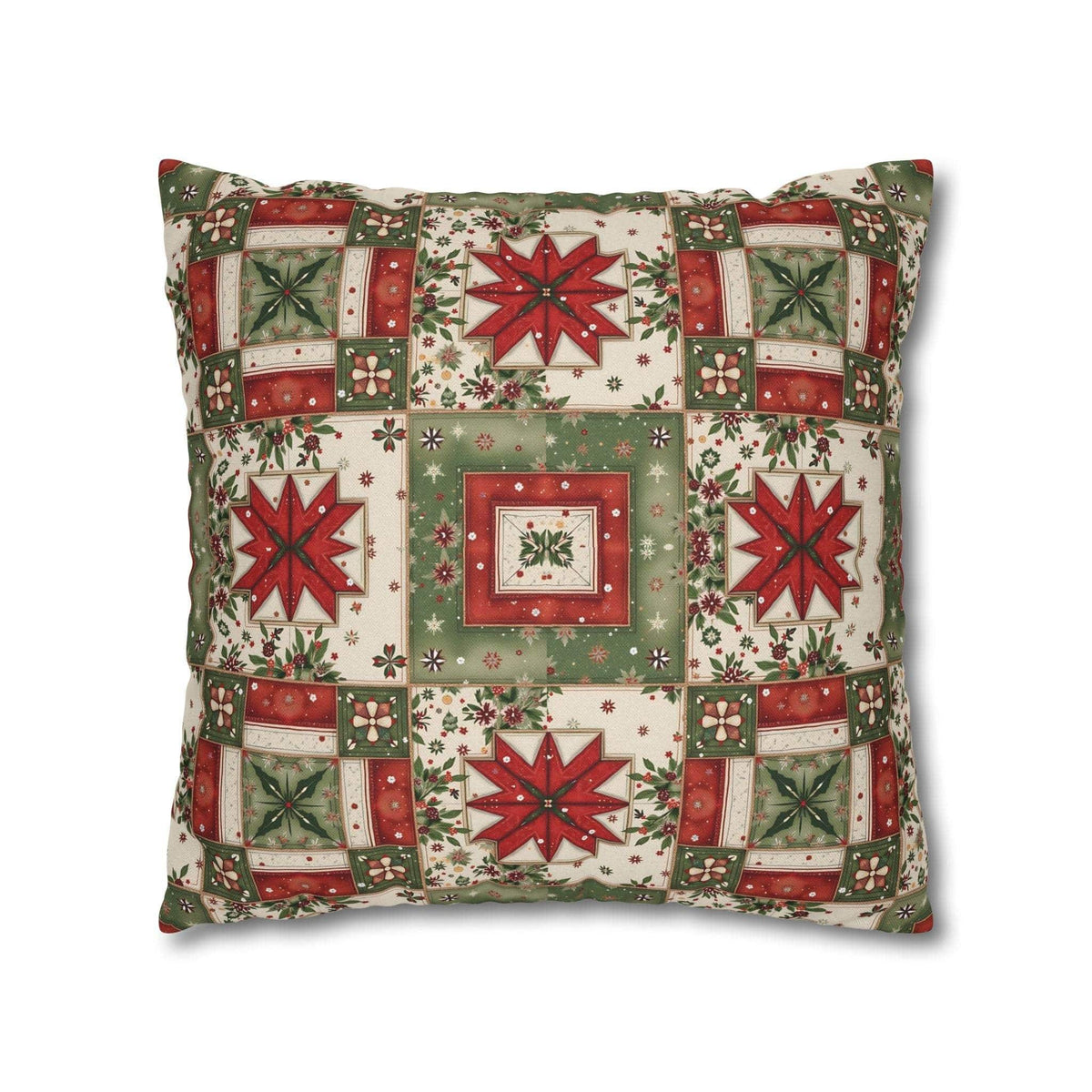 Patchwork Christmas Star pillowcase with warm tones and geometric quilt design for holiday decor