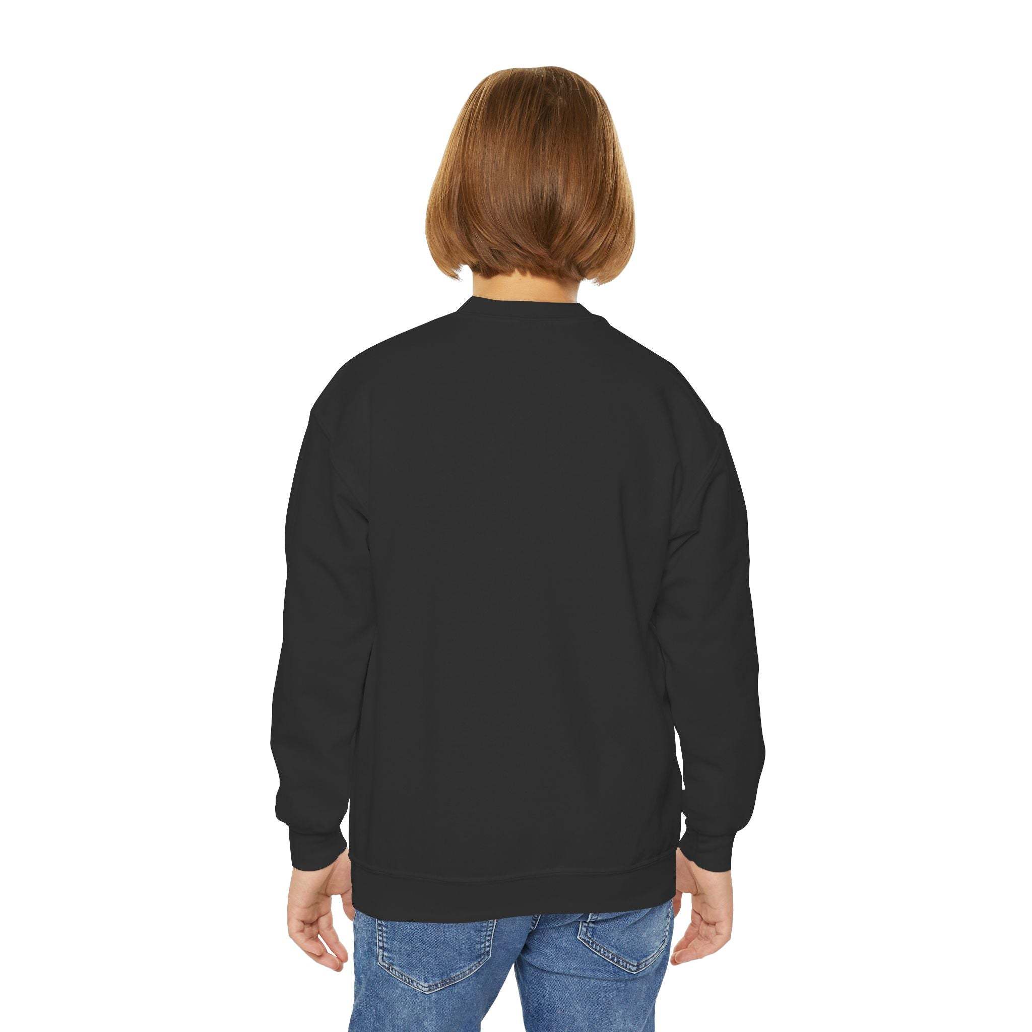 Back view of Moody Girl Highland Cow youth sweatshirt in black with ribbed collar and loose fit